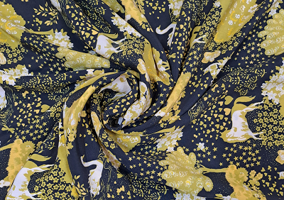 Black & Mustard Quirky Printed Pure Crepe Fabric