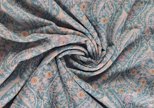 Sky Blue Floral Embroidered Dola Silk Fabric