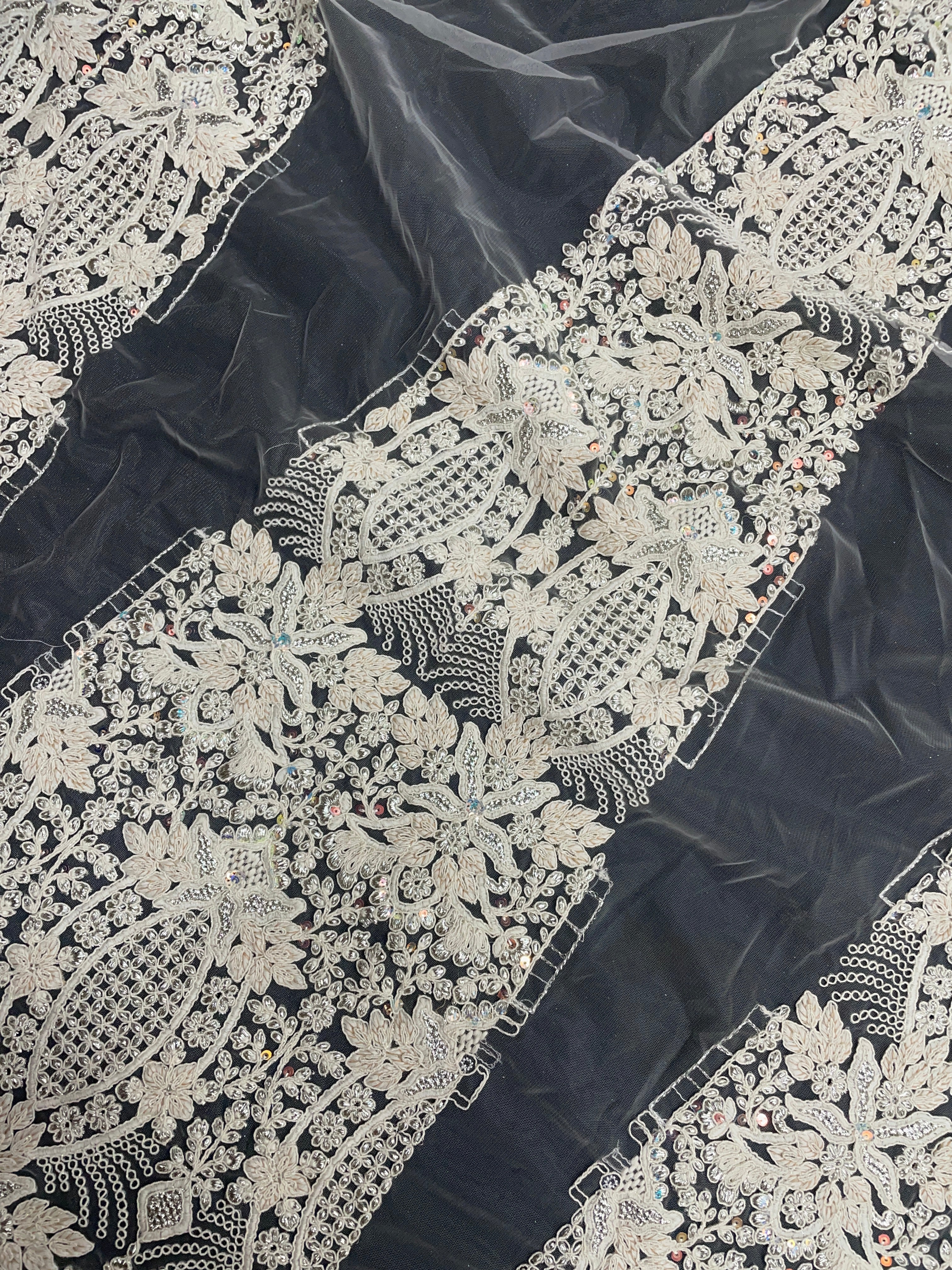 Cream Floral Sequence Net Kali Fabric