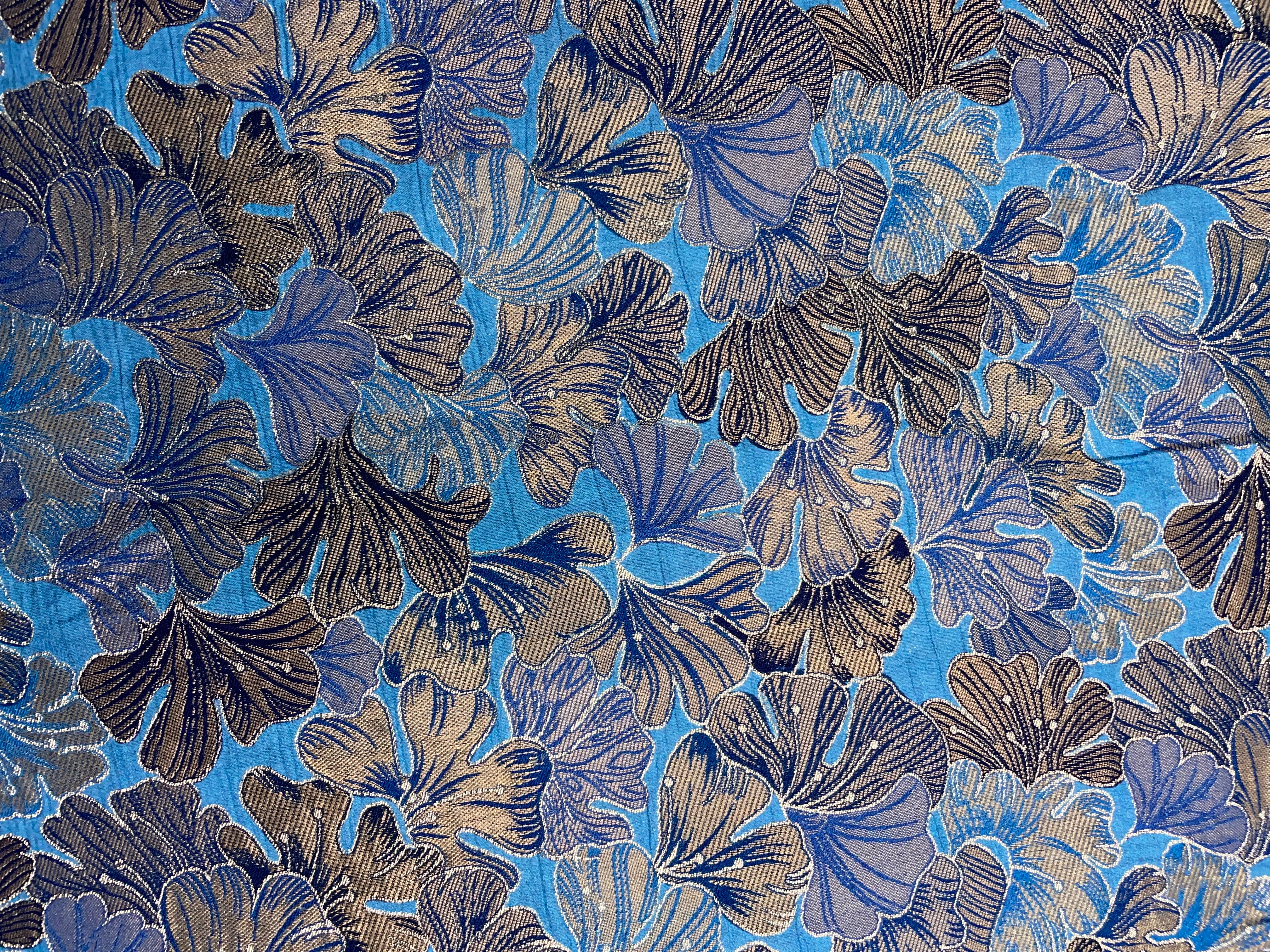 Blue Floral Dola Jacqard Embroidered Fabric