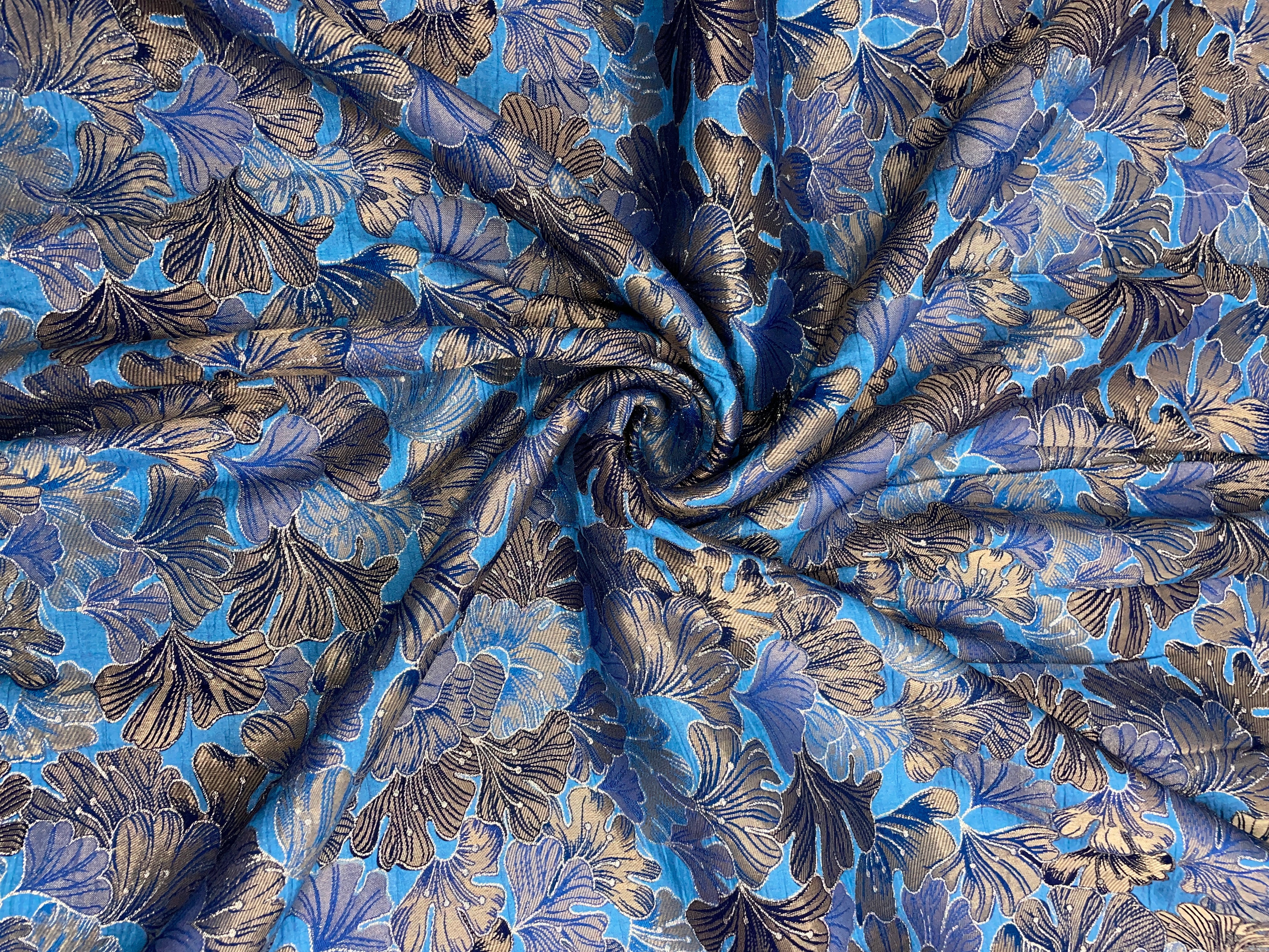 Blue Floral Dola Jacqard Embroidered Fabric