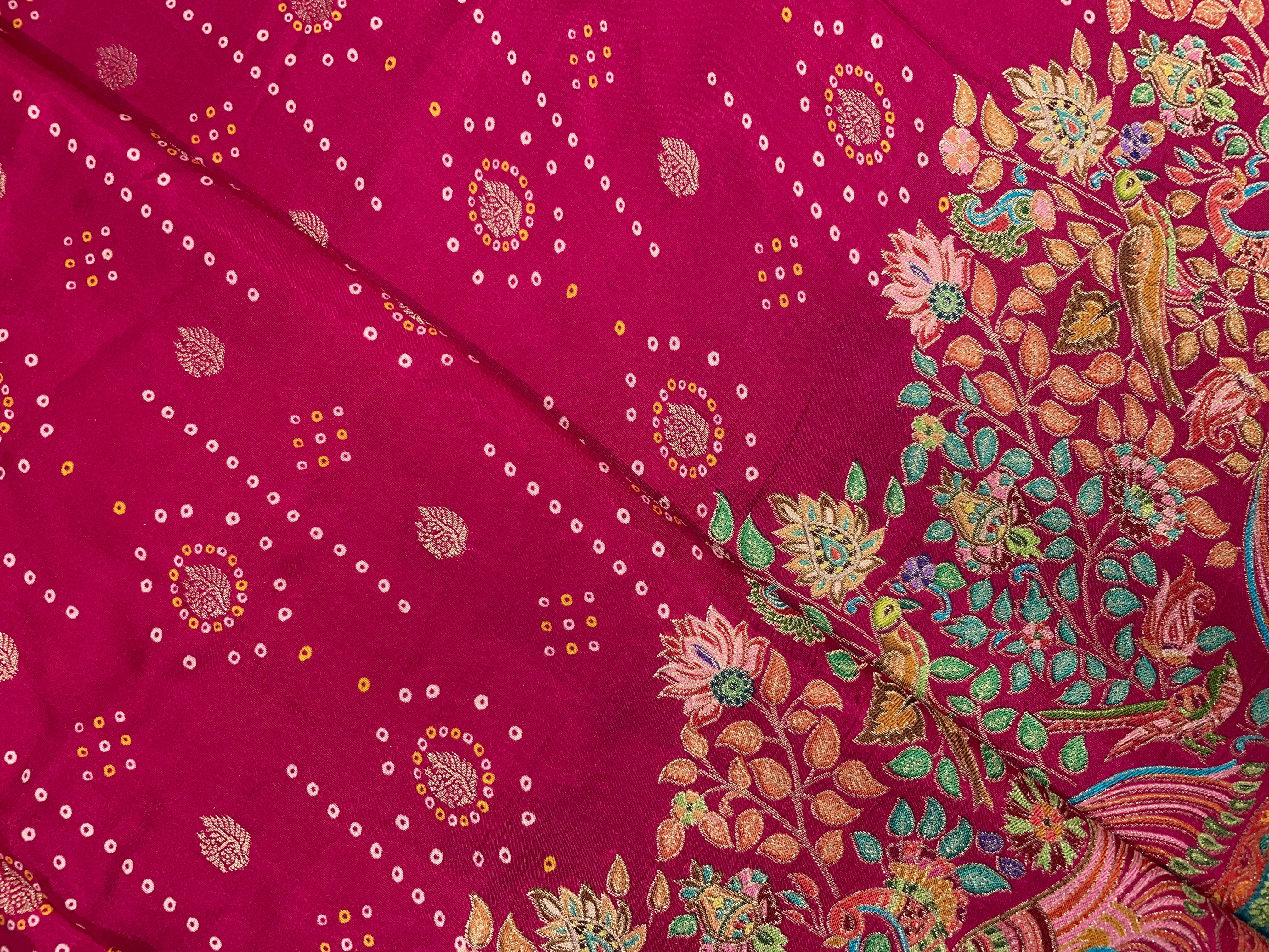 Magenta Floral Embroidered Dola Silk Fabric