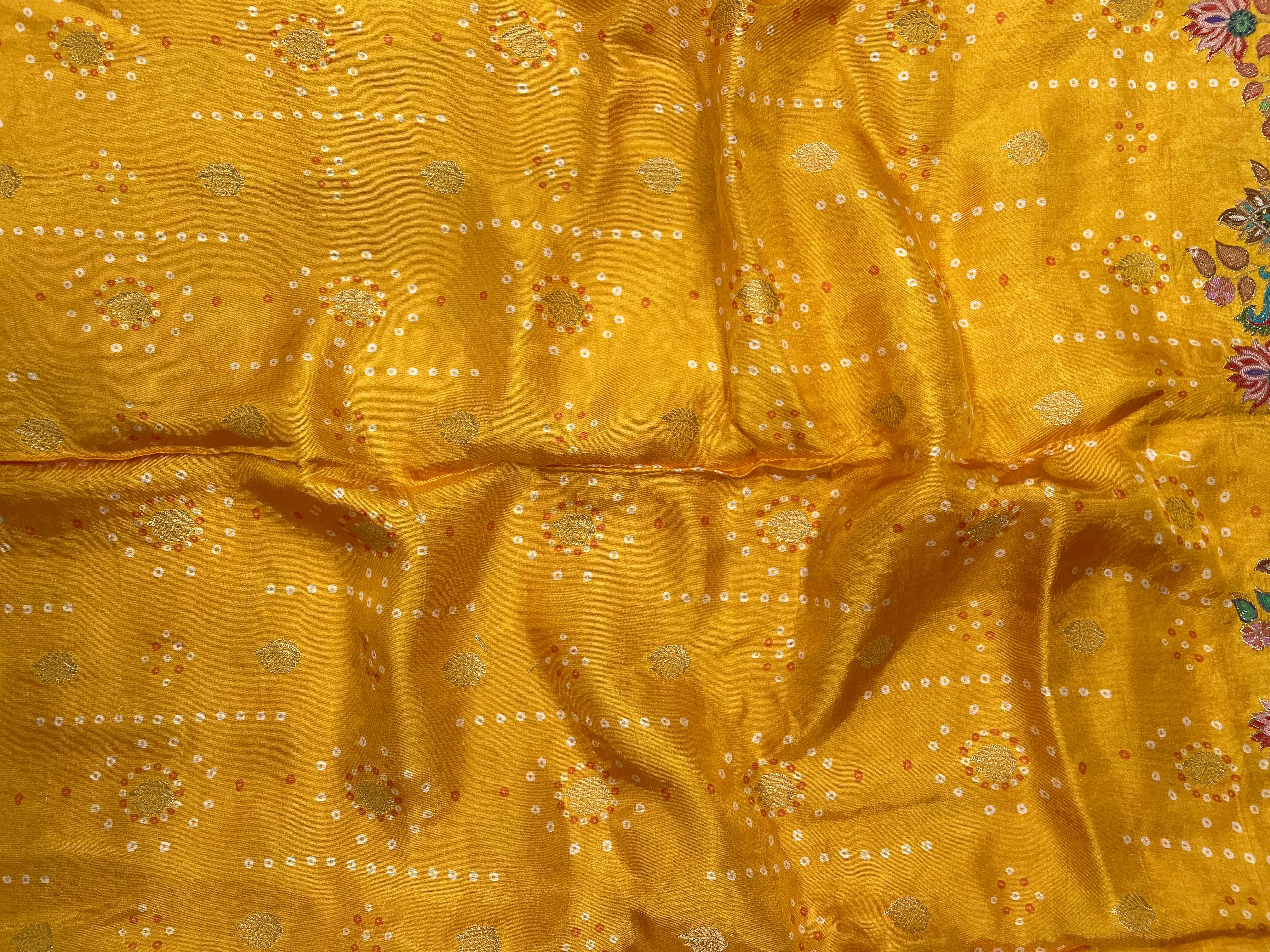 Mustard Yellow Floral Embroidered Dola Silk Fabric