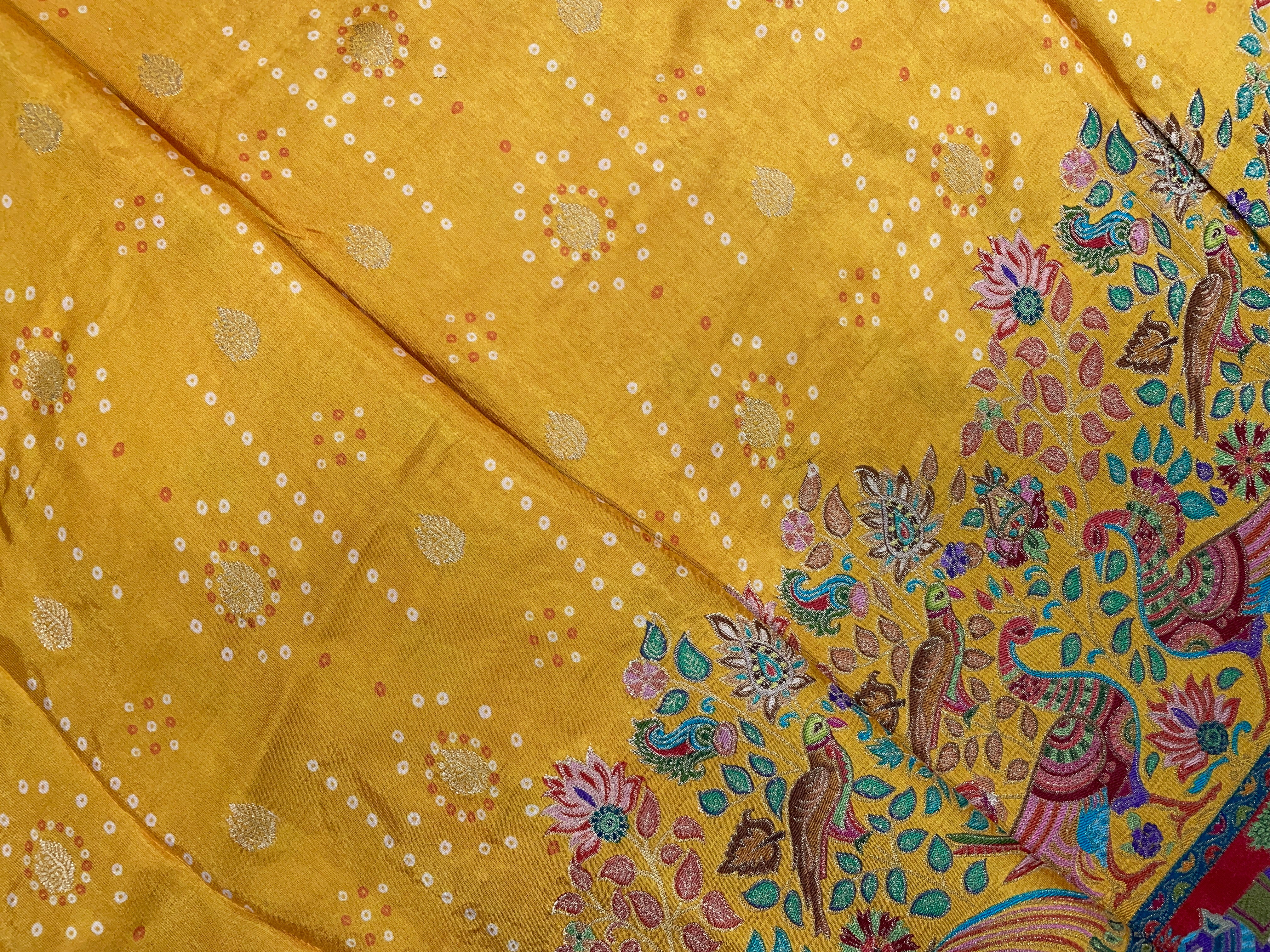 Mustard Yellow Floral Embroidered Dola Silk Fabric