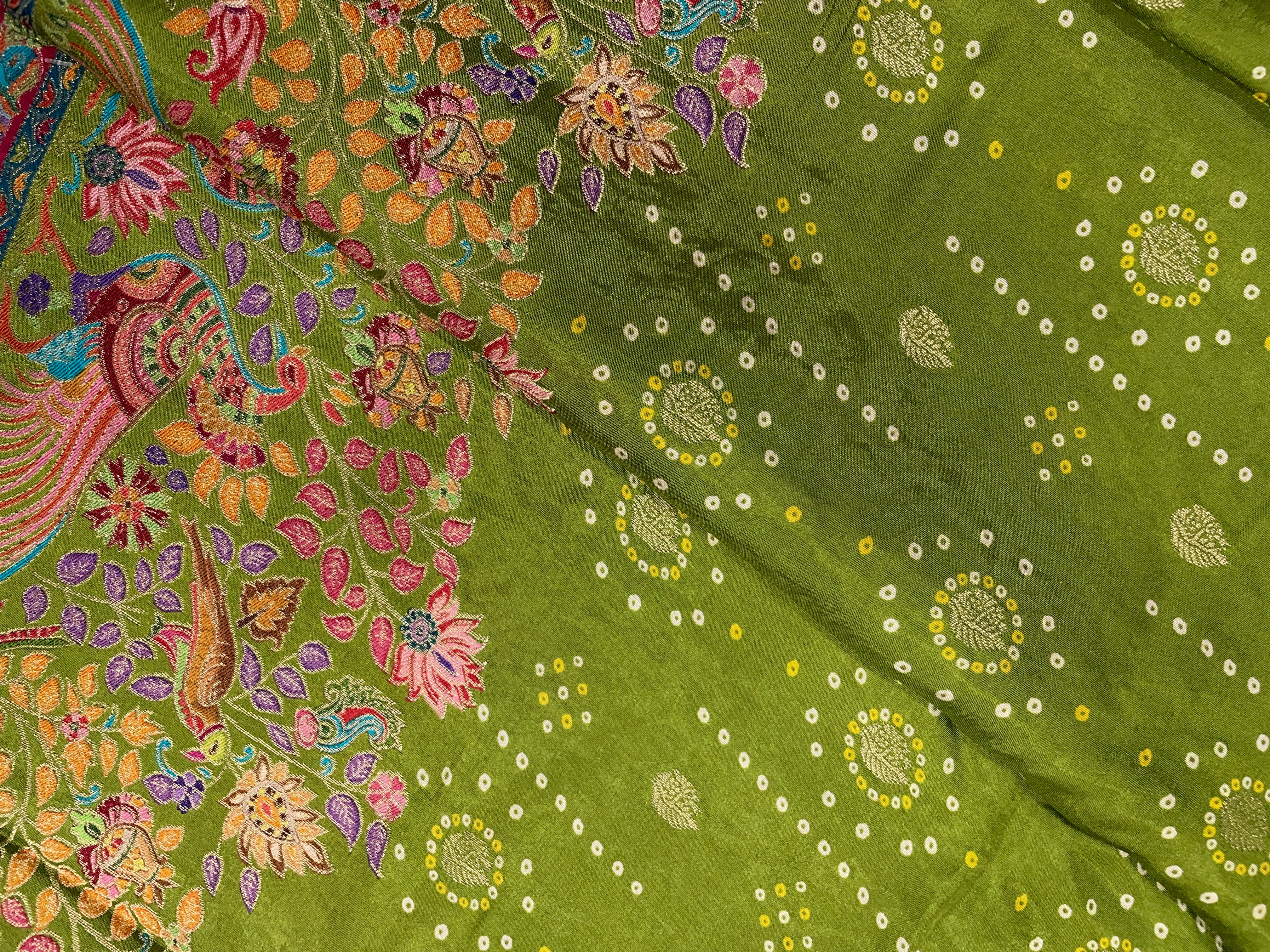 Green Floral Embroidered Dola Silk Fabric