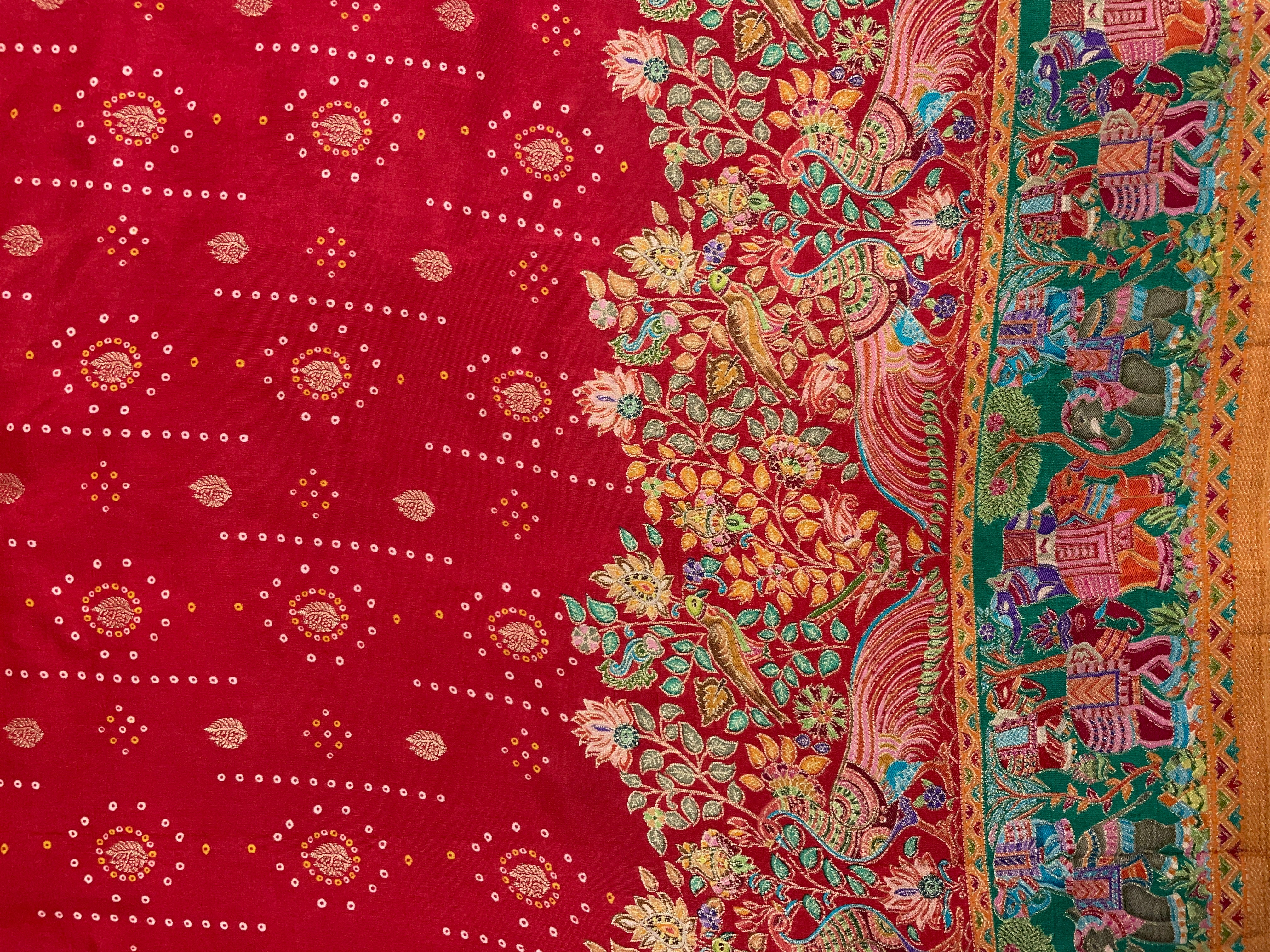 Red Floral Embroidered Dola Silk Fabric