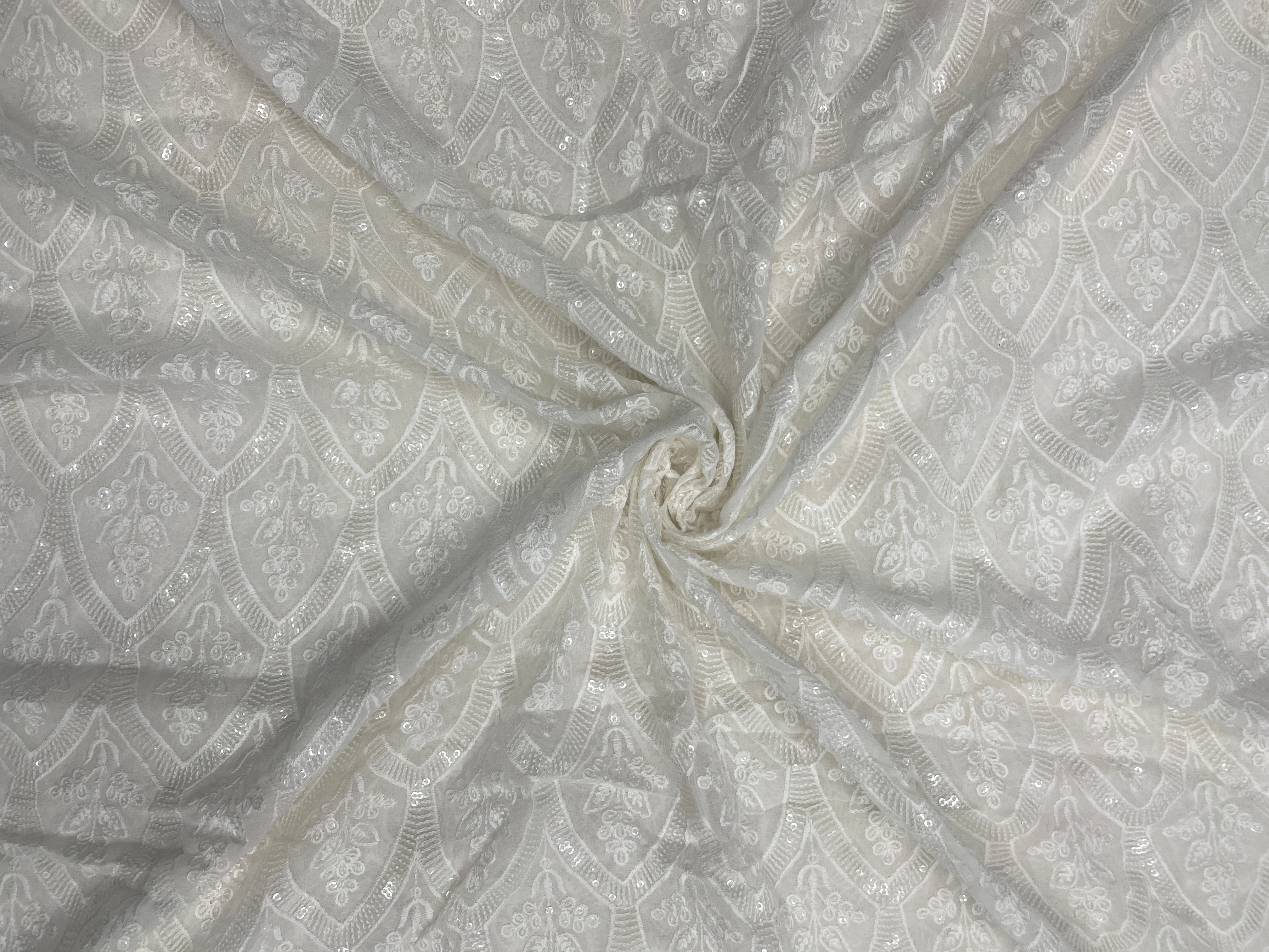 White Geometric Dyeable Georgette Embroidered Fabric