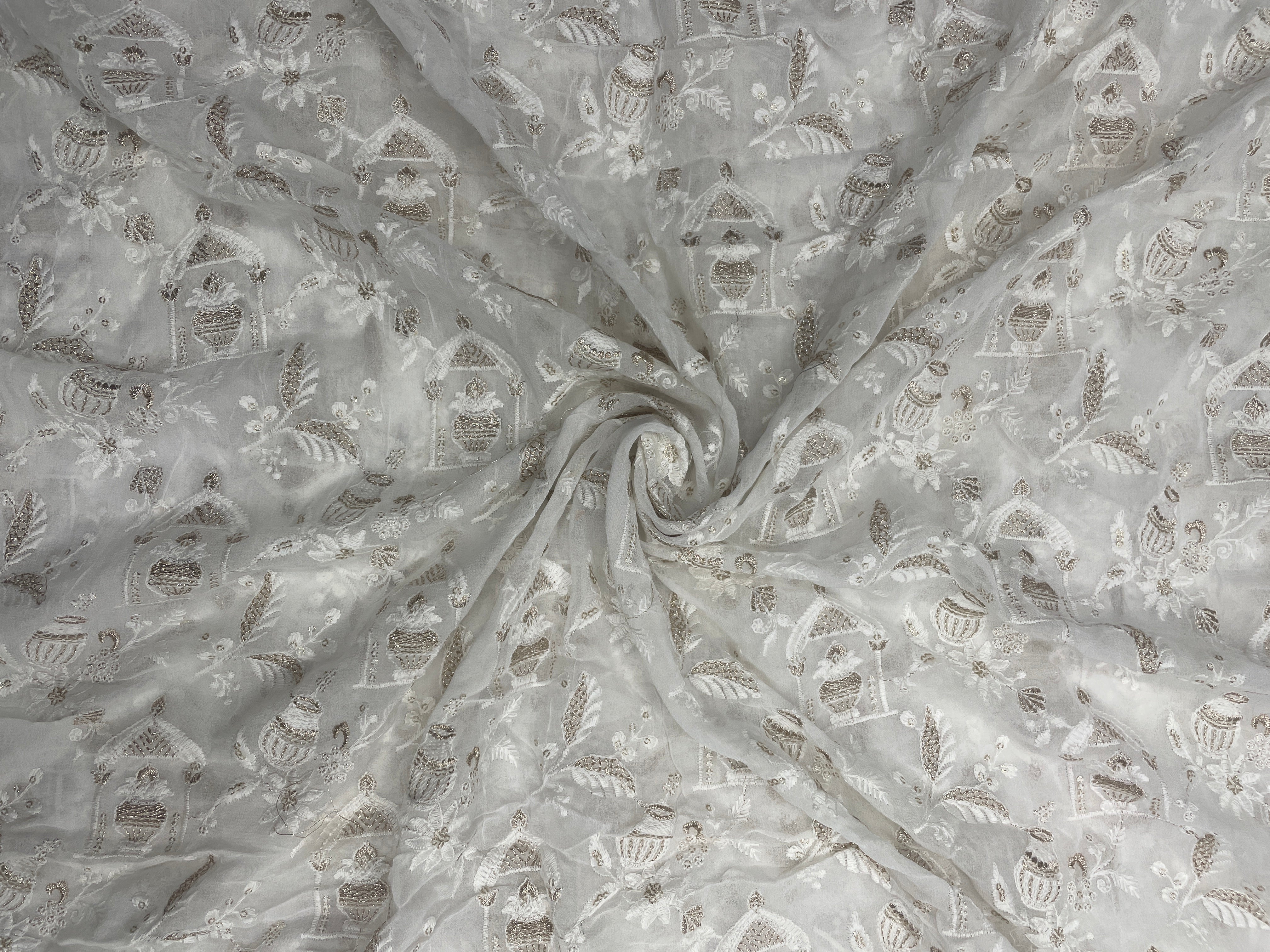 White Floral Dyeable Georgette Embroidered Fabric