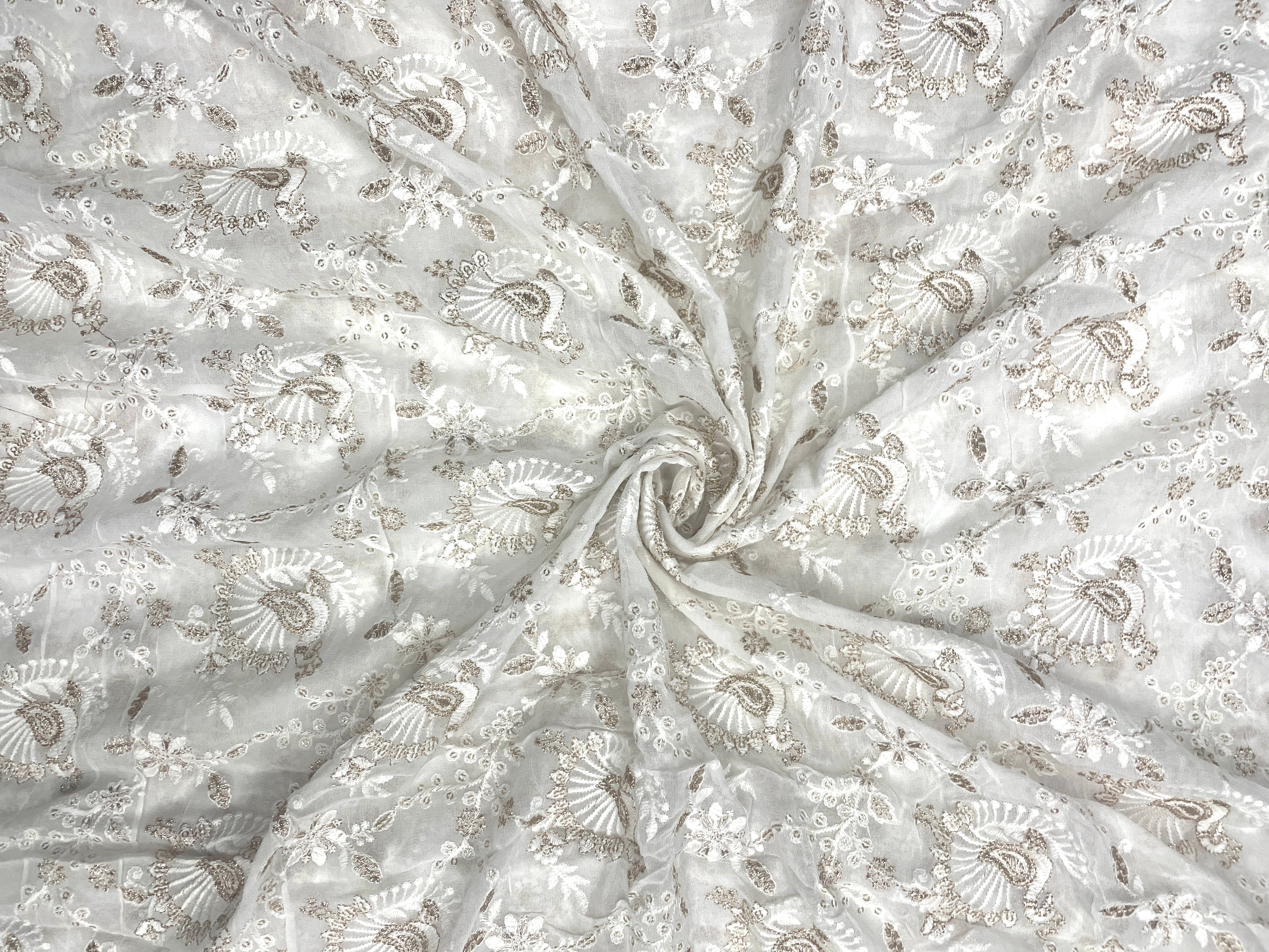 White Quirky Dyeable Georgette Embroidered Fabric