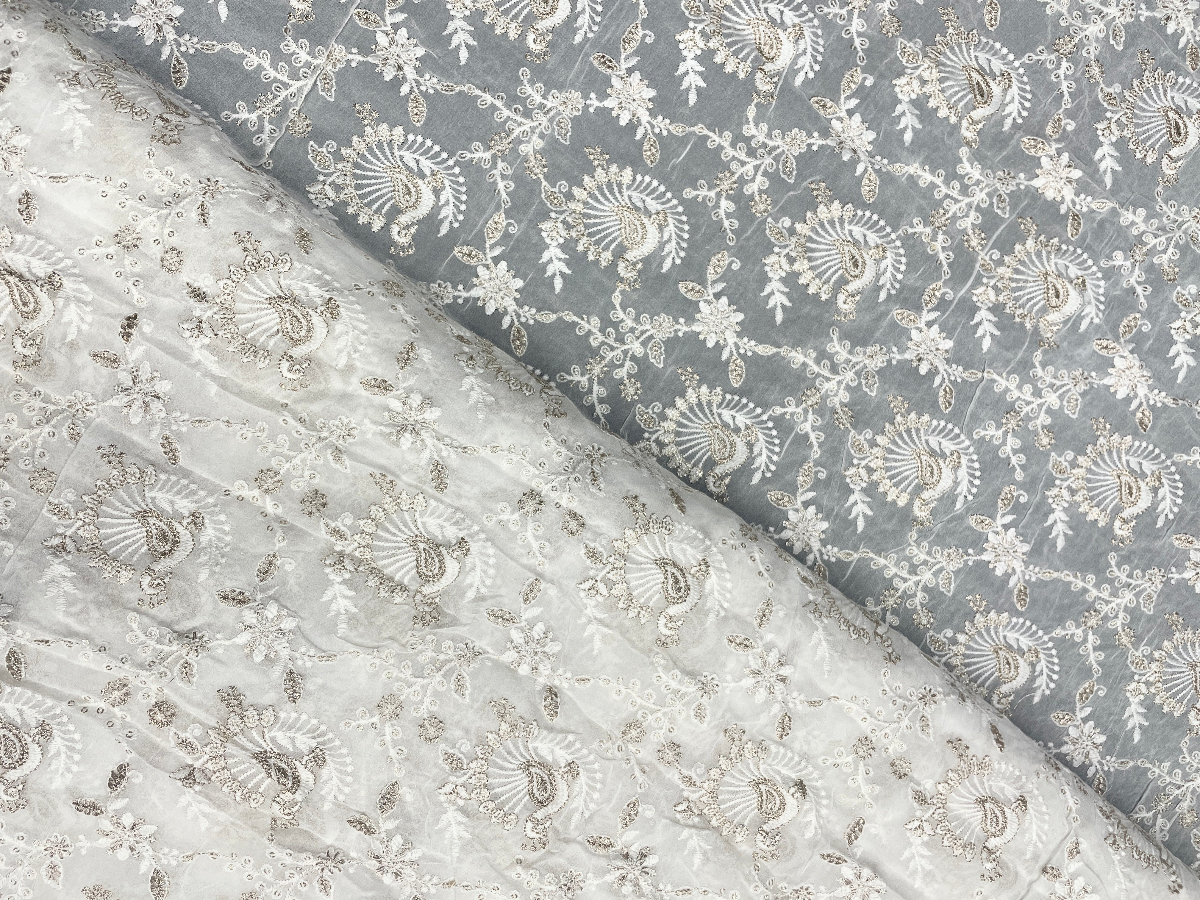 White Quirky Dyeable Georgette Embroidered Fabric