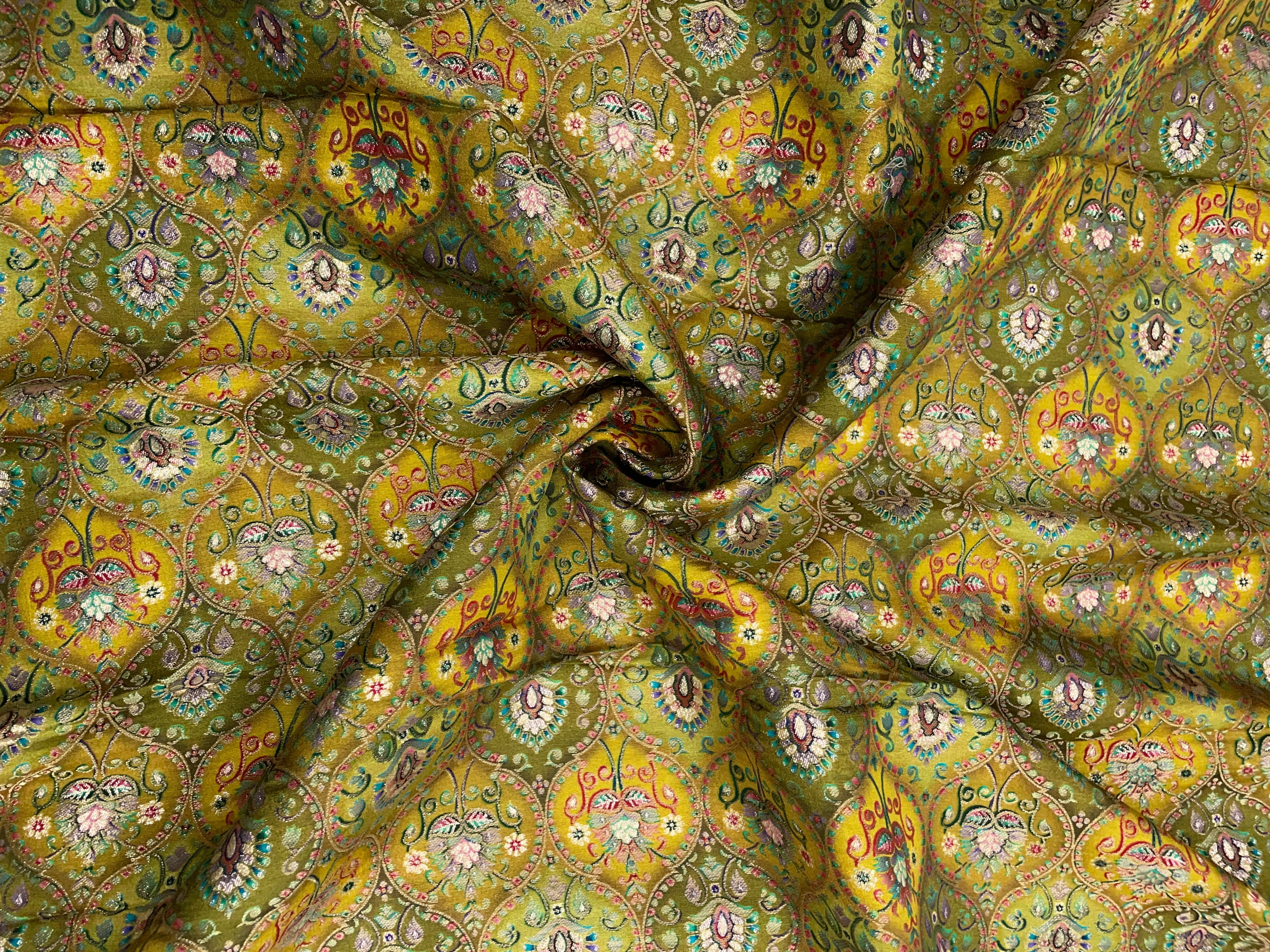 Green, Multicolor Geometric Embroidered Dola Silk Fabric