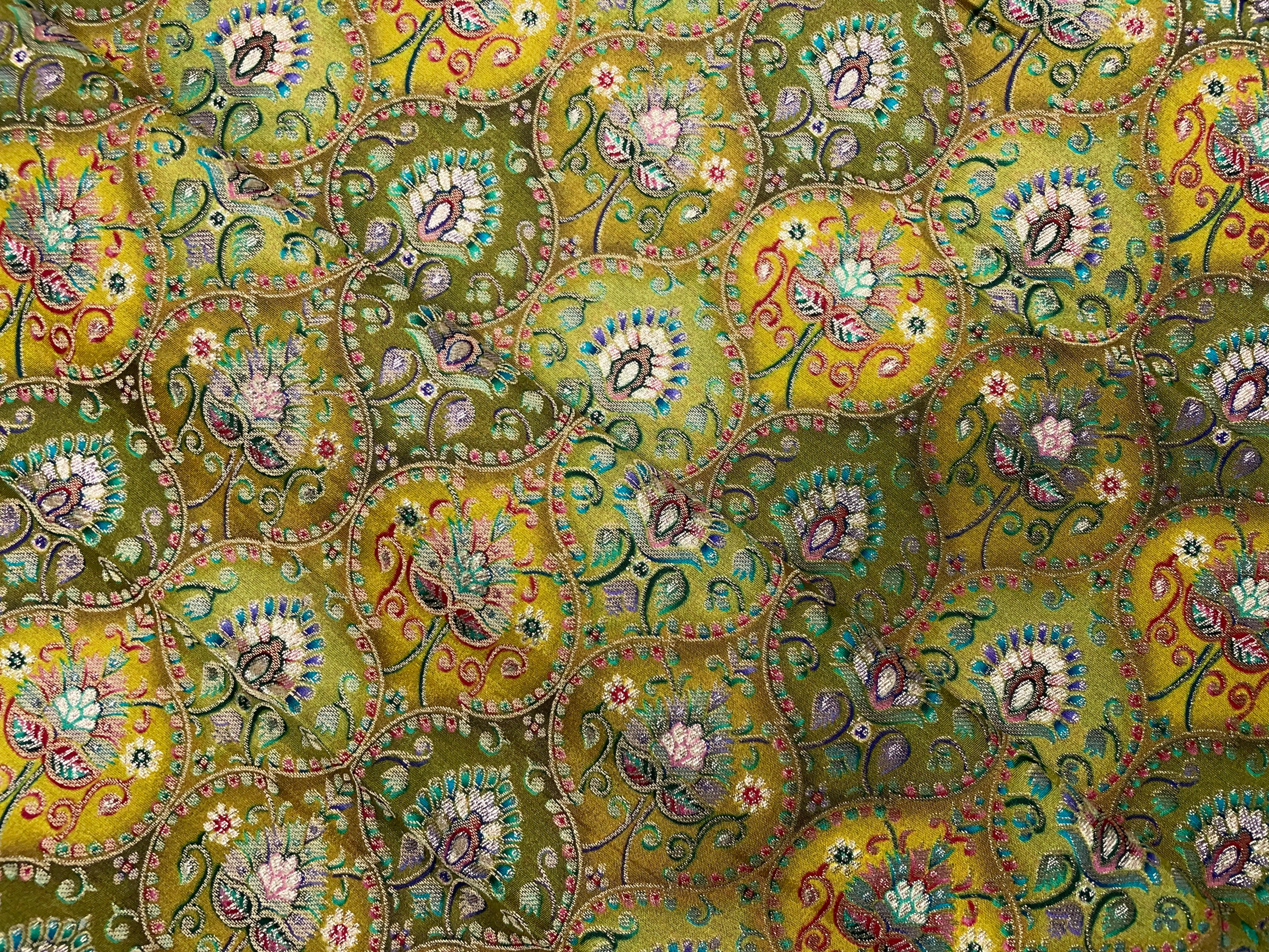 Green, Multicolor Geometric Embroidered Dola Silk Fabric