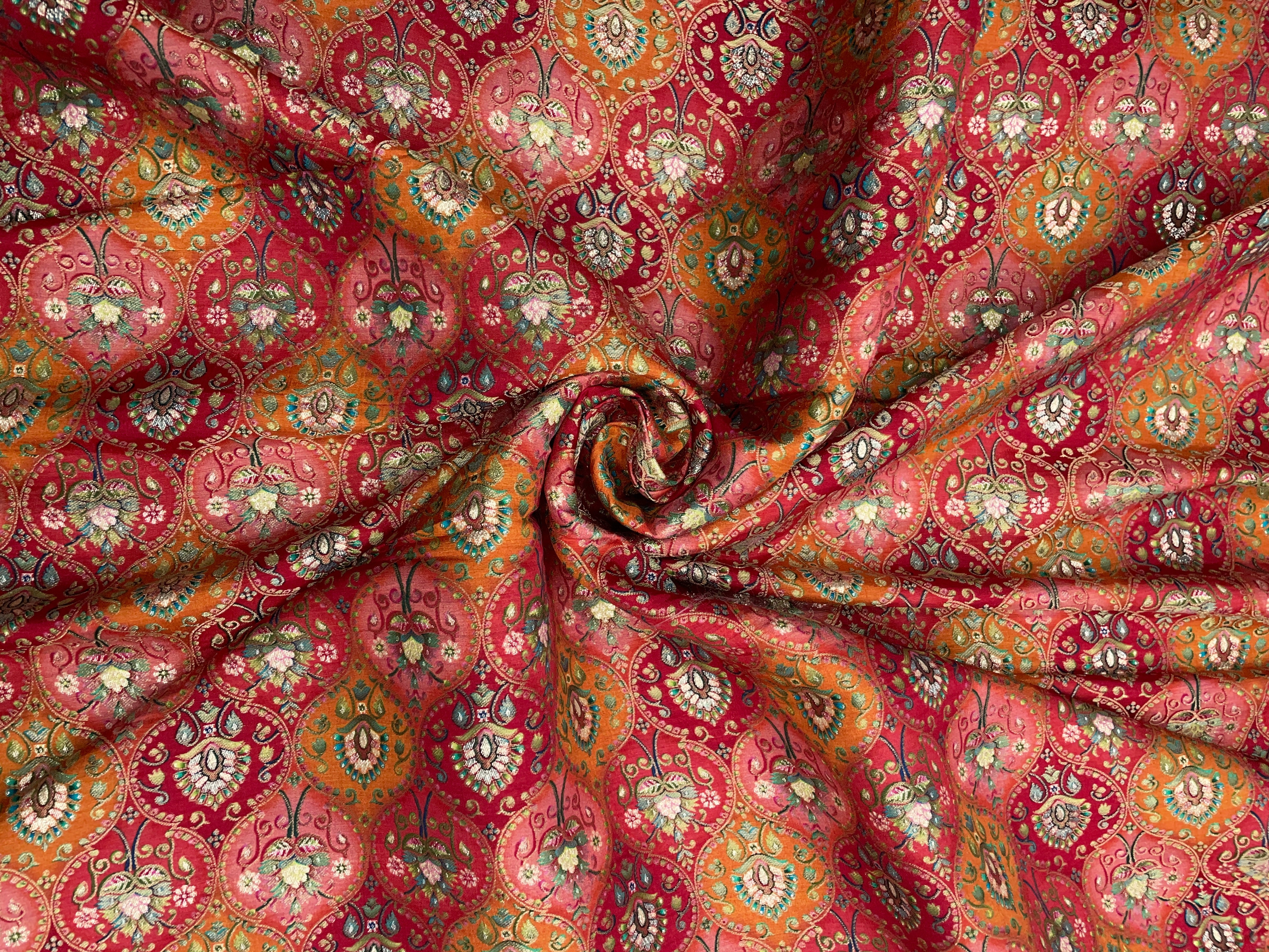 Red, Multicolor Geometric Embroidered  Dola Silk Fabric