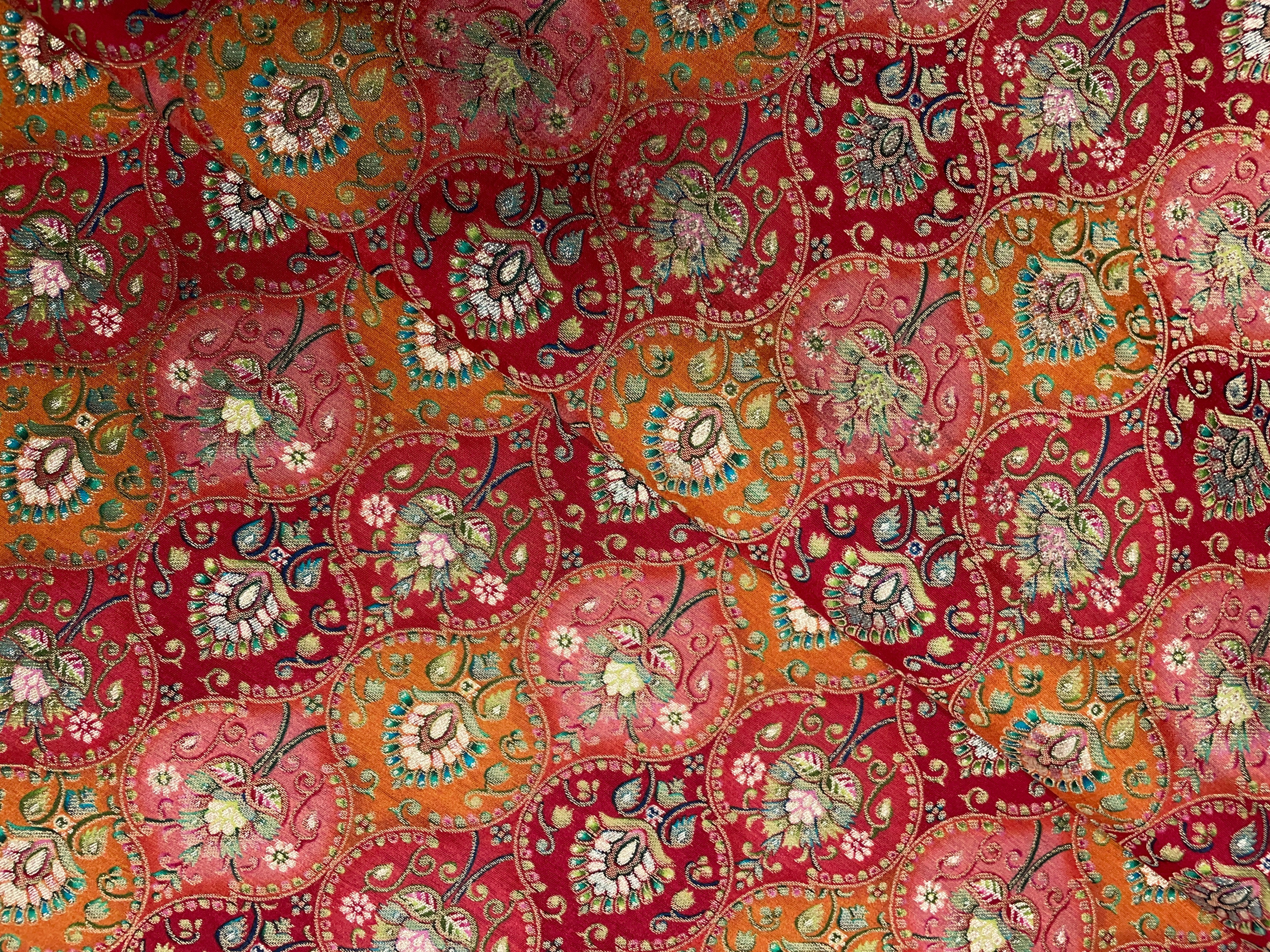 Red, Multicolor Geometric Embroidered  Dola Silk Fabric