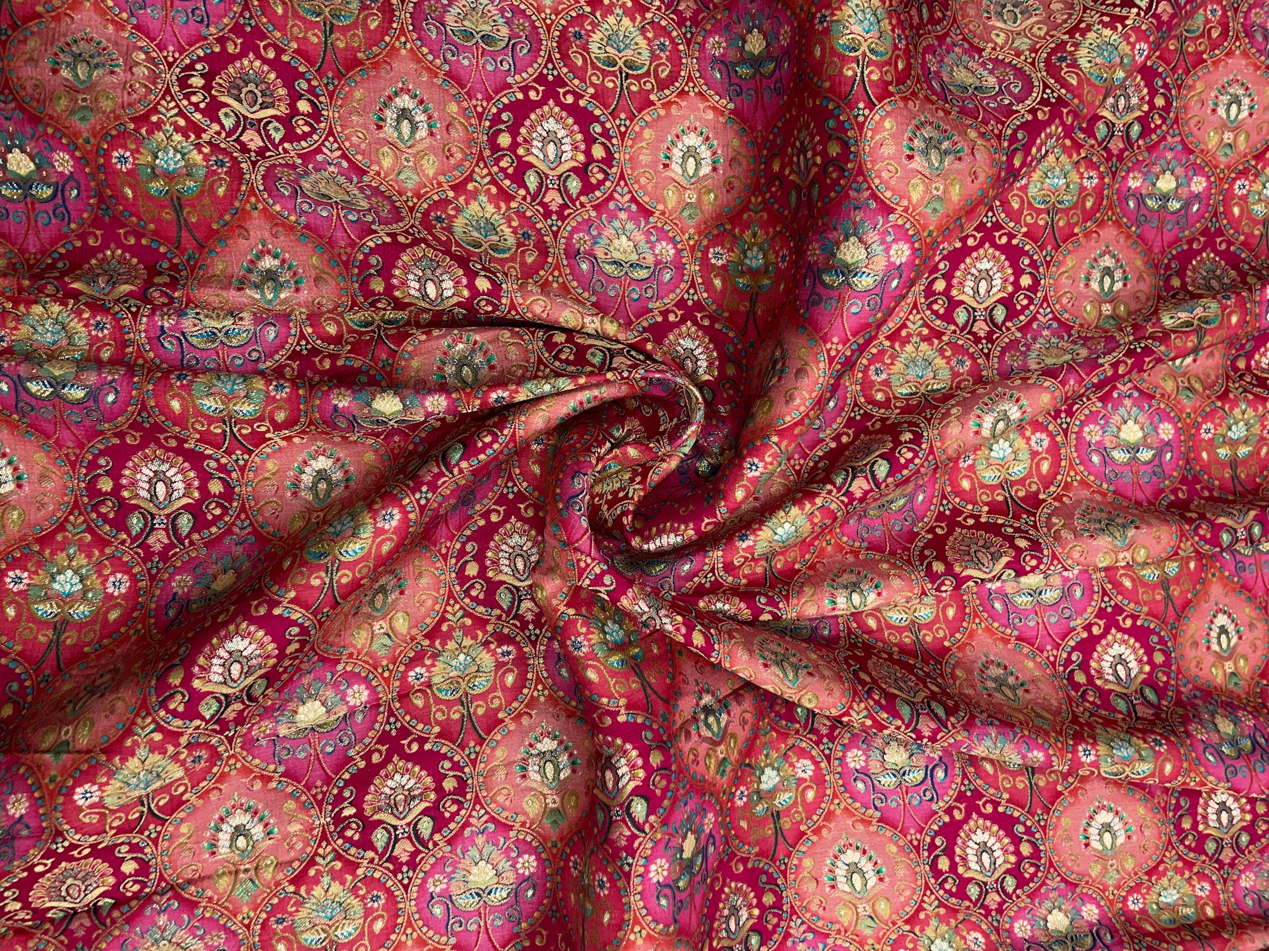 Pink, Multicolor Geometric  Embroidered Dola Silk Fabric