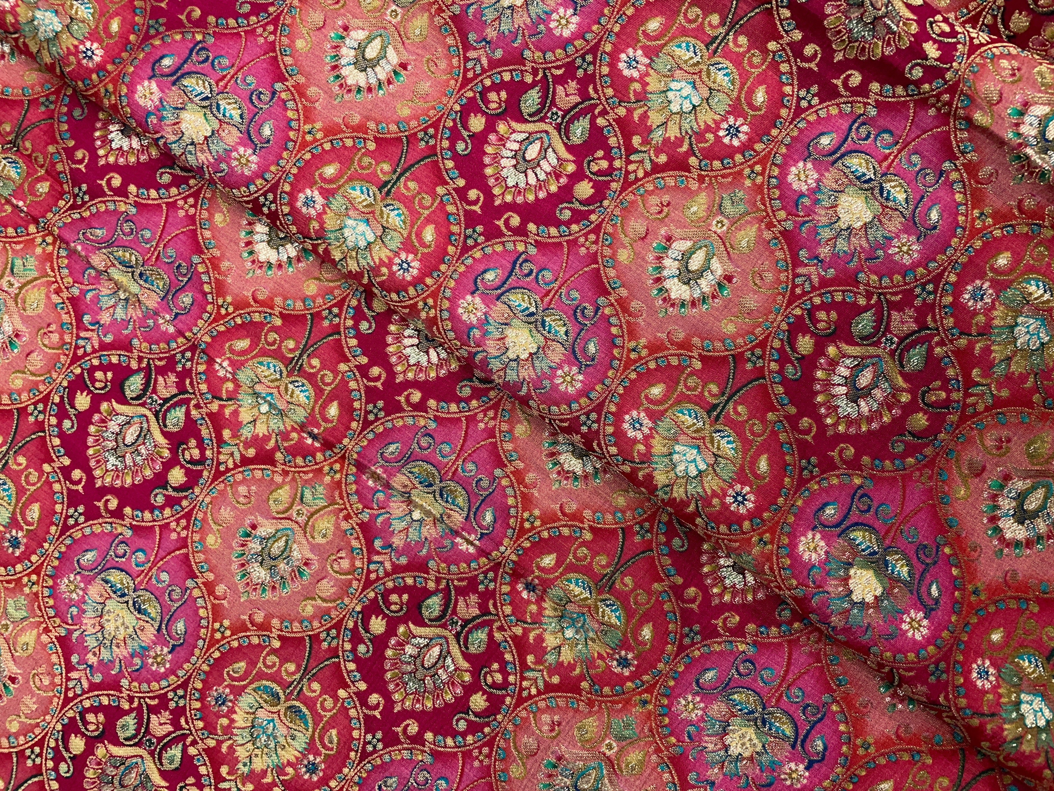 Pink, Multicolor Geometric  Embroidered Dola Silk Fabric