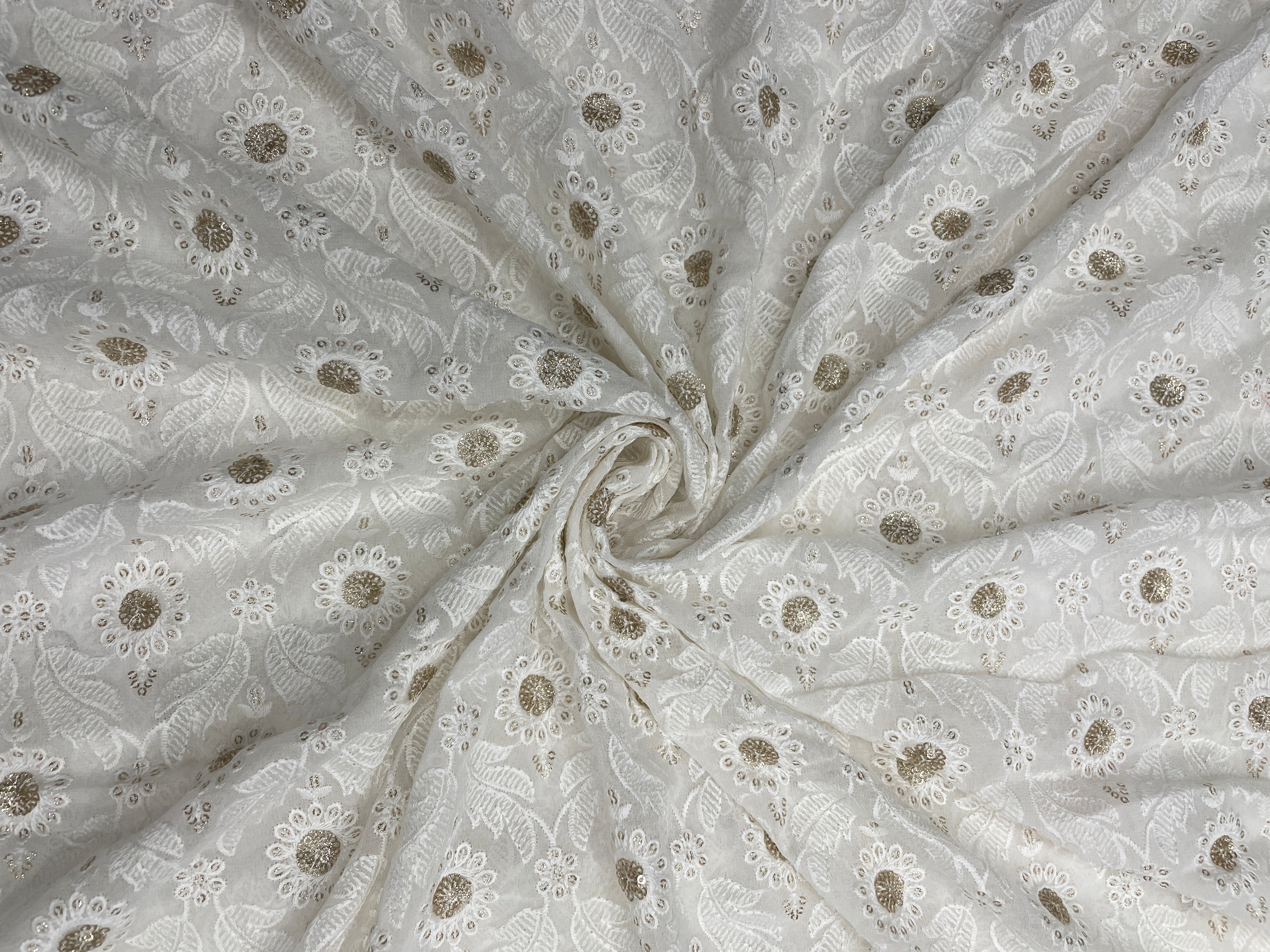 White Floral Dyeable Embroidered  Georgette Fabric