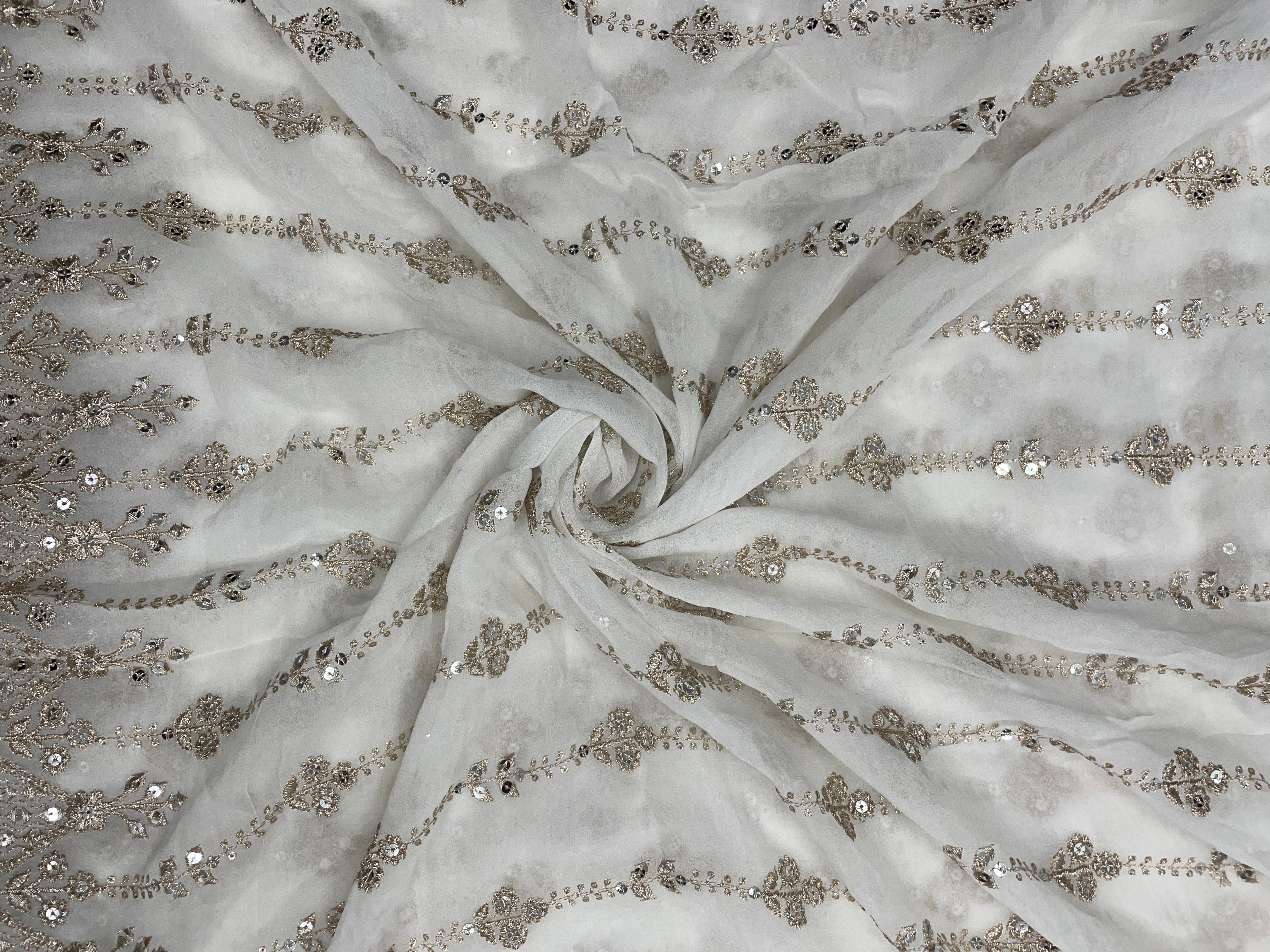 White Stripes Dyeable Embroidered Georgette Fabric