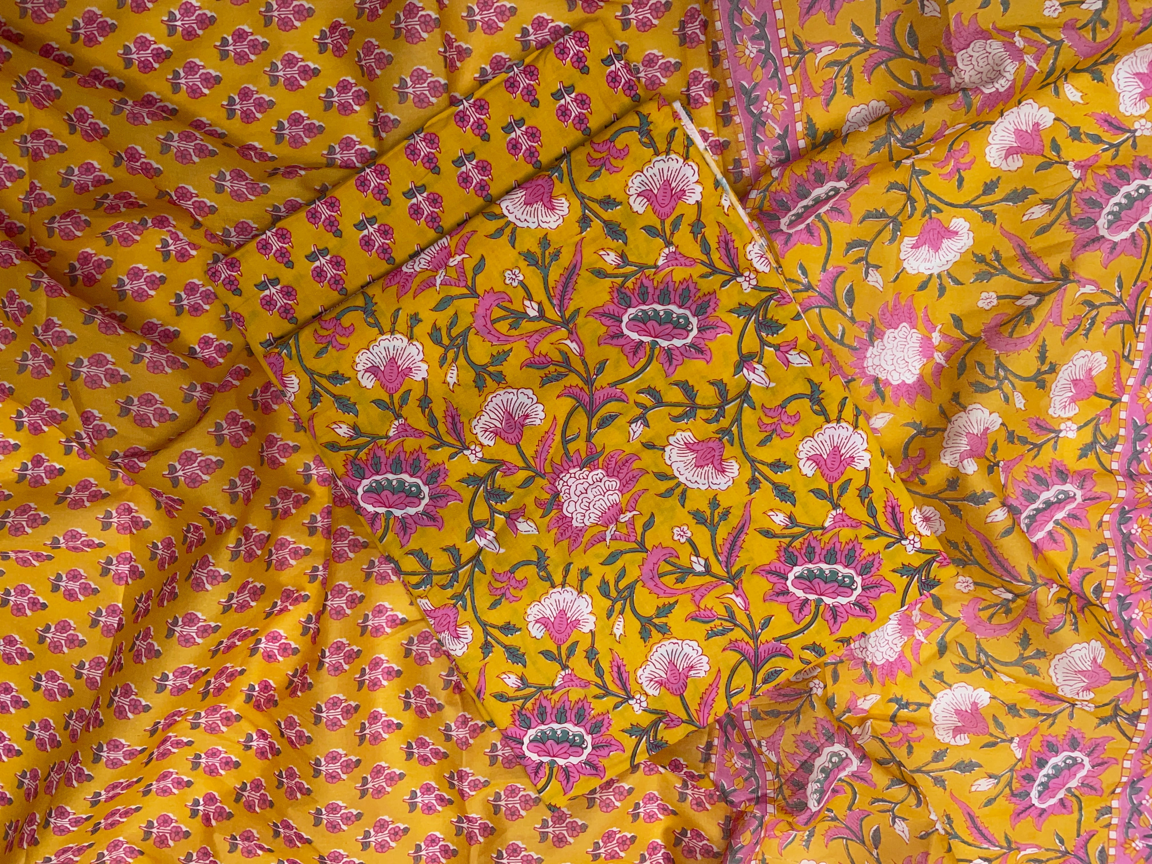 Yellow Floral Pure Cotton Suit Set With Dupatta (Unstitched)