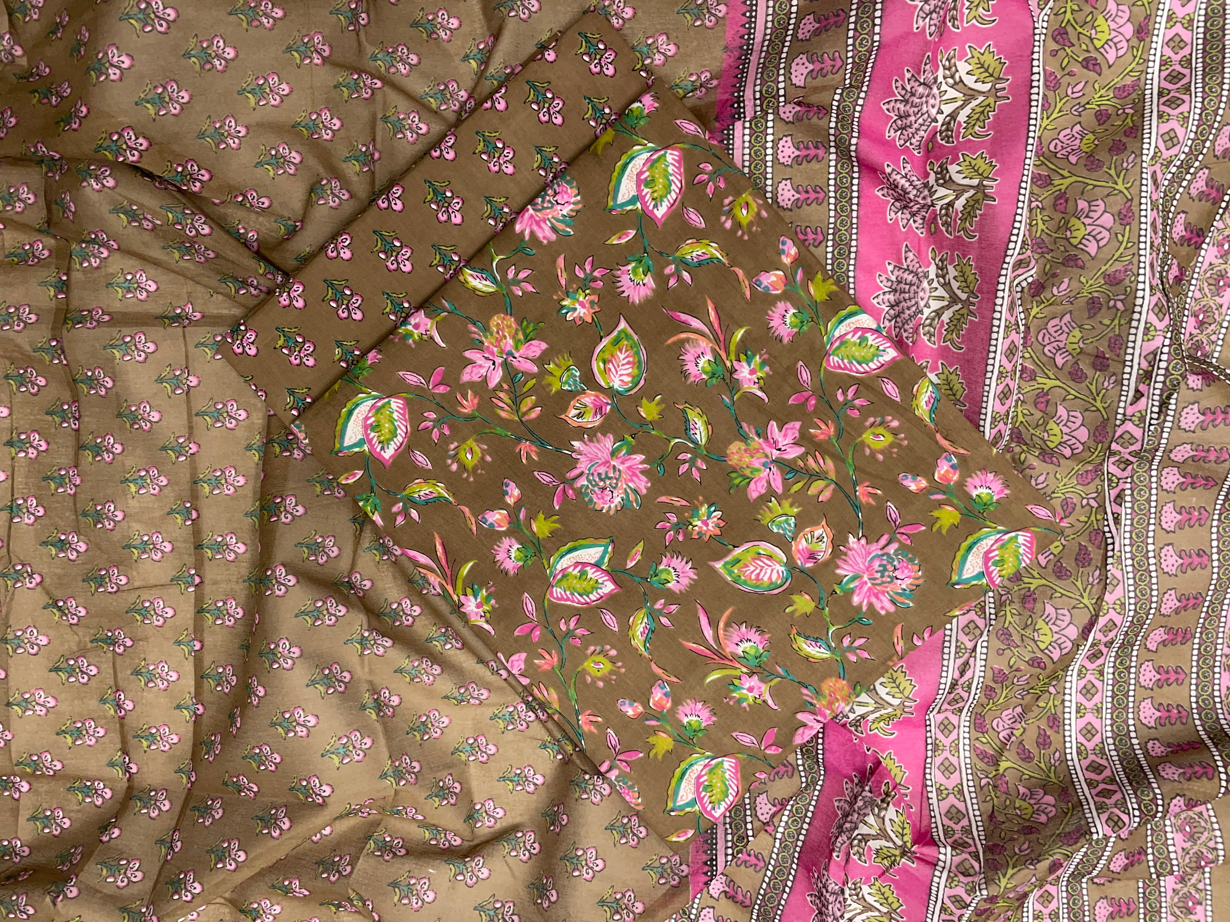 Brown Floral Pure Cotton Suit Set With Dupatta (Unstitched)