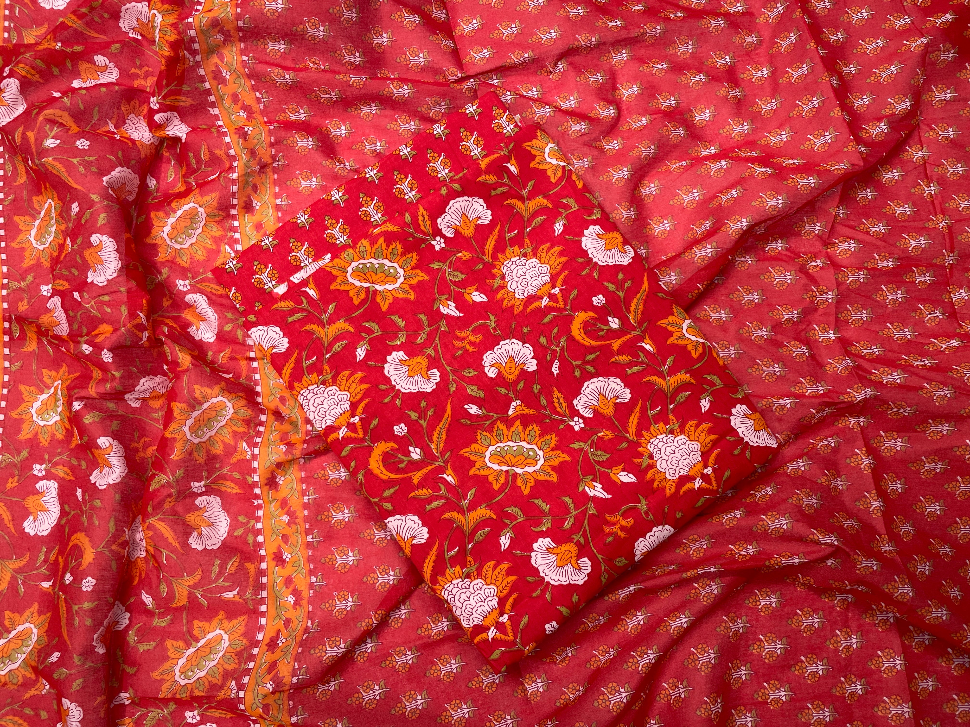 Red Floral Pure Cotton Suit Set With Dupatta (Unstitched)