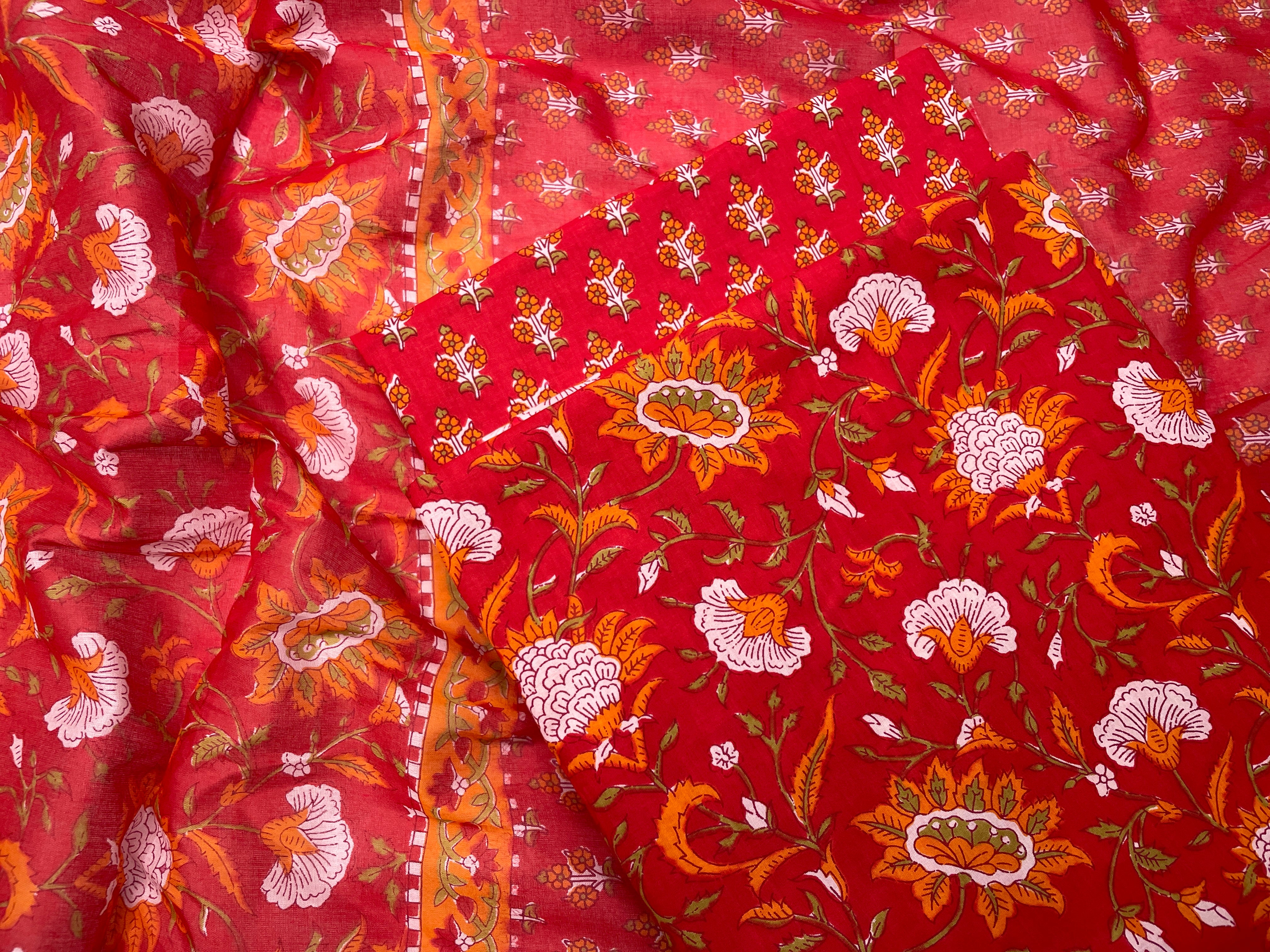 Red Floral Pure Cotton Suit Set With Dupatta (Unstitched)