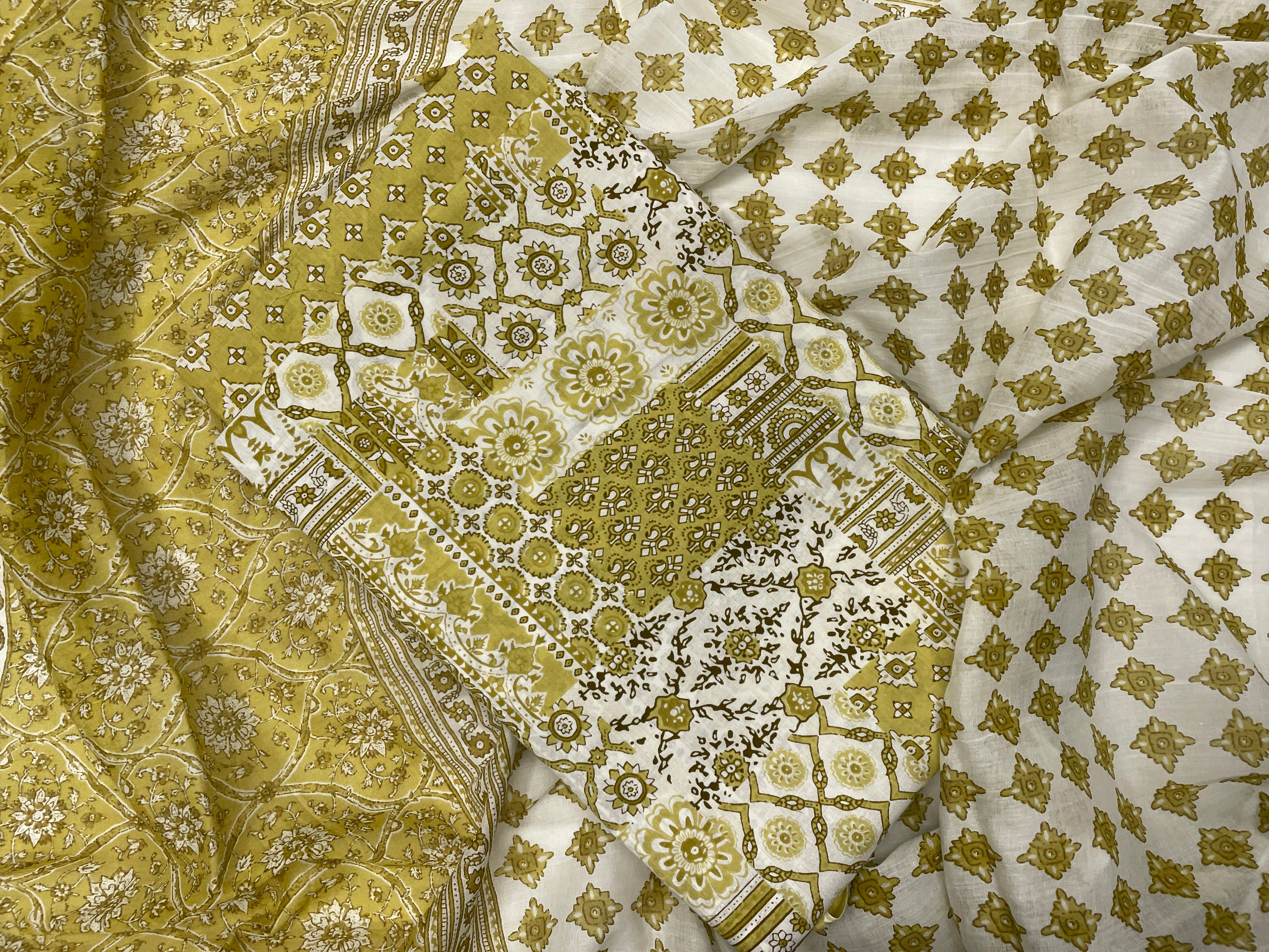 Dusty Yellow Floral Pure Cotton Suit Set With Dupatta (Unstitched)