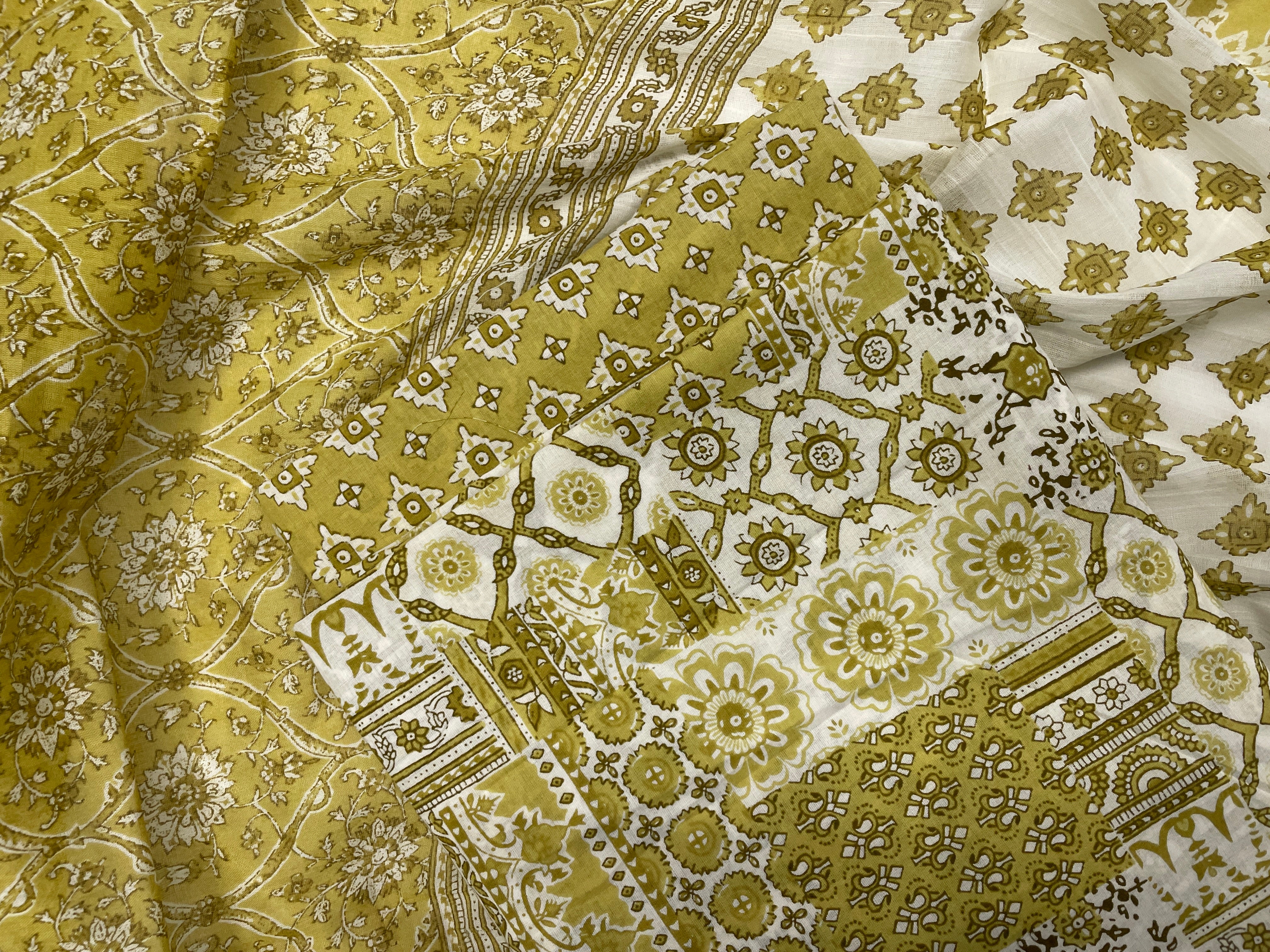 Dusty Yellow Floral Pure Cotton Suit Set With Dupatta (Unstitched)