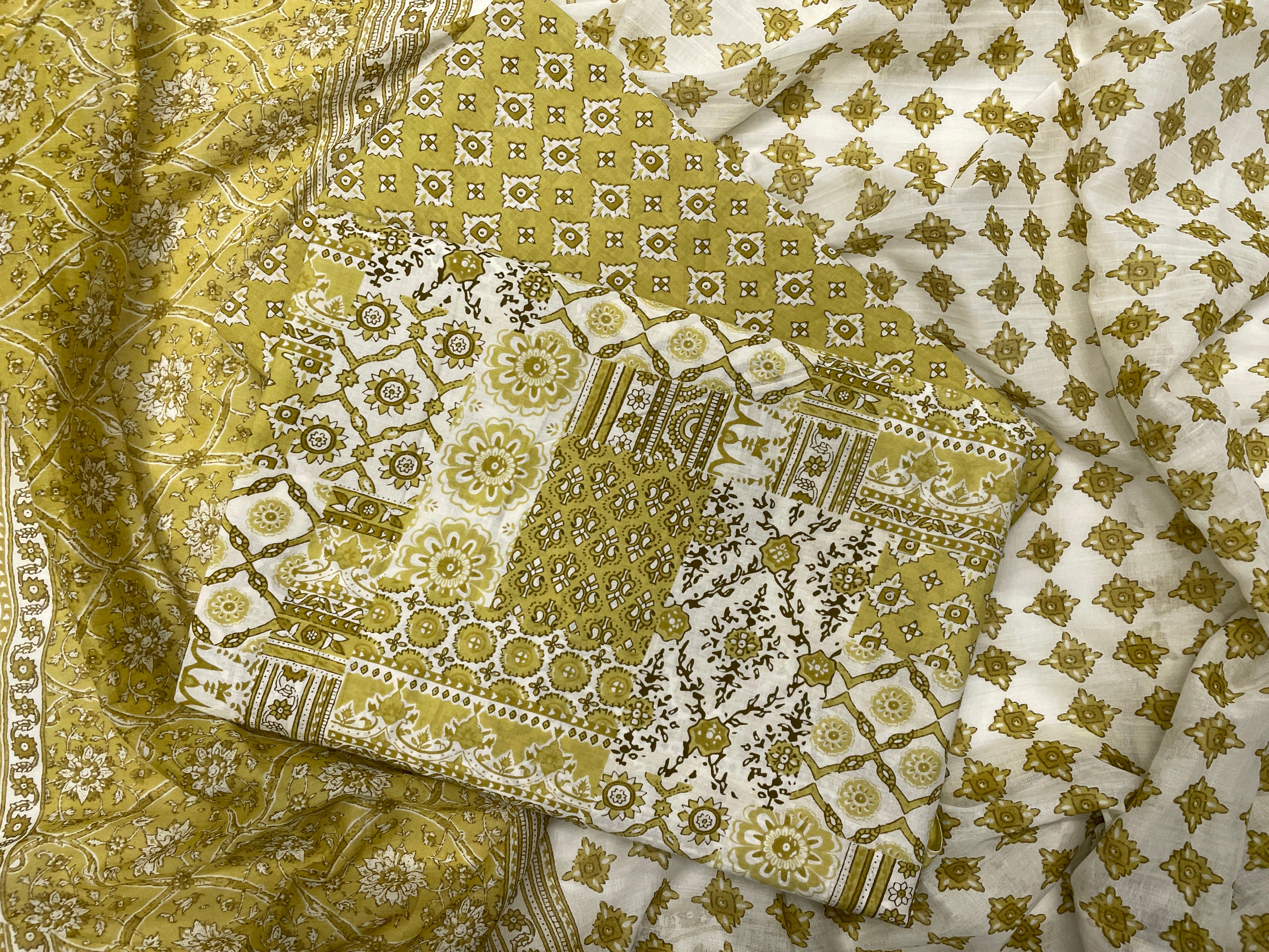 Dusty Yellow Floral Pure Cotton Suit Set With Dupatta (Unstitched)