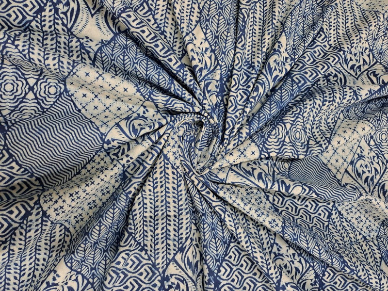 Indigo Blue & Green Abstract Cotton Cambric Fabric