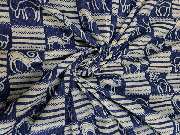 Indigo Blue & White Checks Kantha Cotton Cambric Fabric