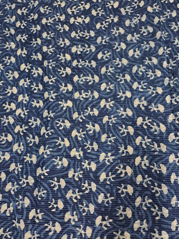 Indigo Blue & White Floral Kantha Cotton Cambric Fabric