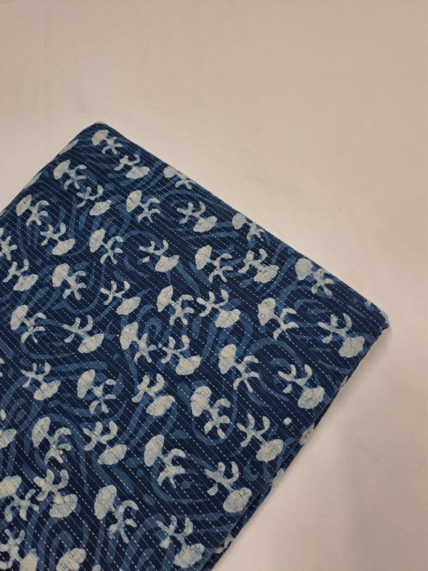 Indigo Blue & White Floral Kantha Cotton Cambric Fabric