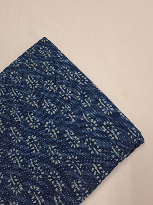 Indigo Blue & White Floral Kantha Cotton Cambric Fabric