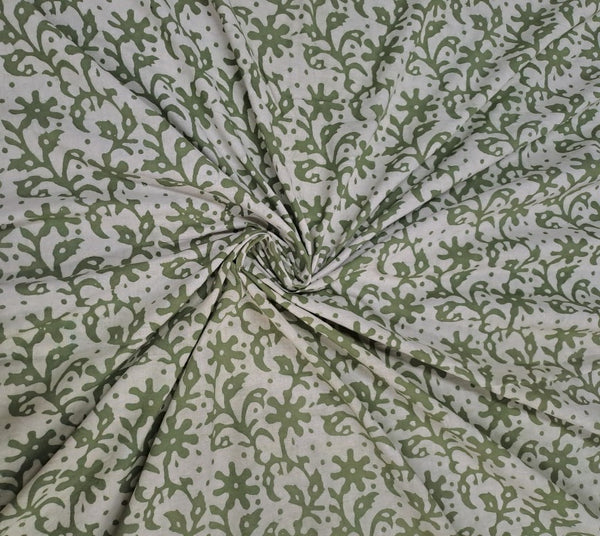 Dull Green Floral Dabbu Cotton Cambric Fabric