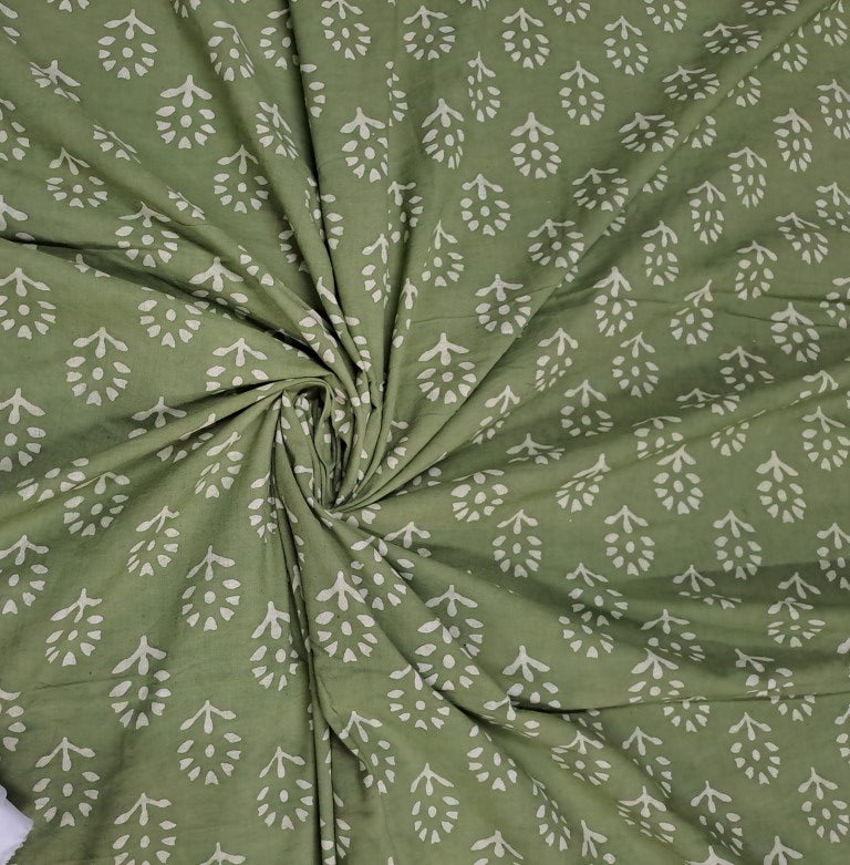 Green Floral Dabbu Cotton Cambric Fabric