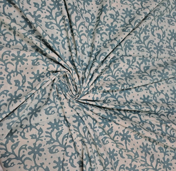 Teal Blue Floral Dabbu Cotton Cambric Fabric
