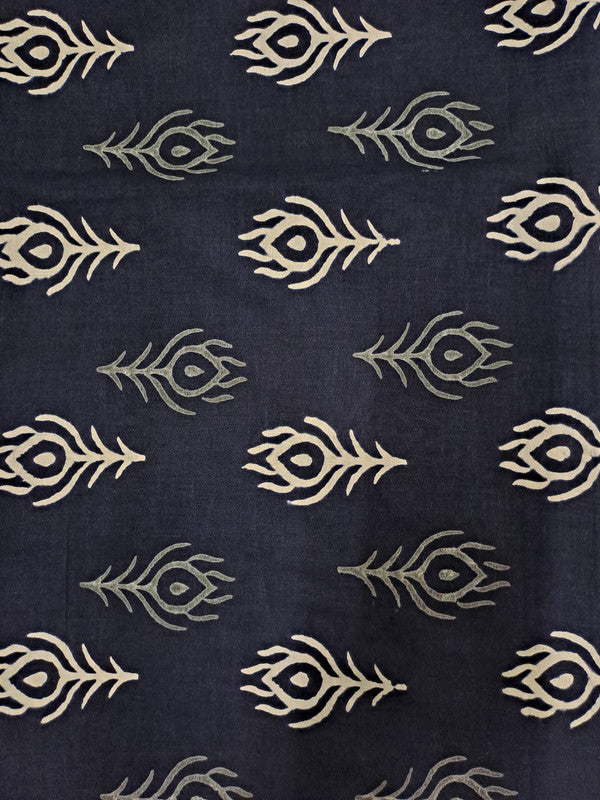 Navy Blue Motifs Cotton Cambric Fabric