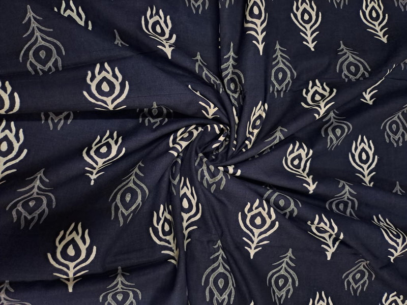 Navy Blue Motifs Cotton Cambric Fabric