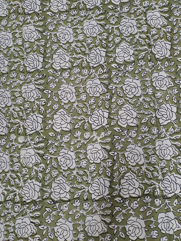 Olive Green Floral Bagru Cotton Cambric Fabric