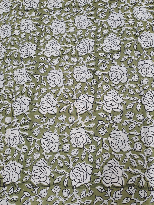 Olive Green Floral Bagru Cotton Cambric Fabric