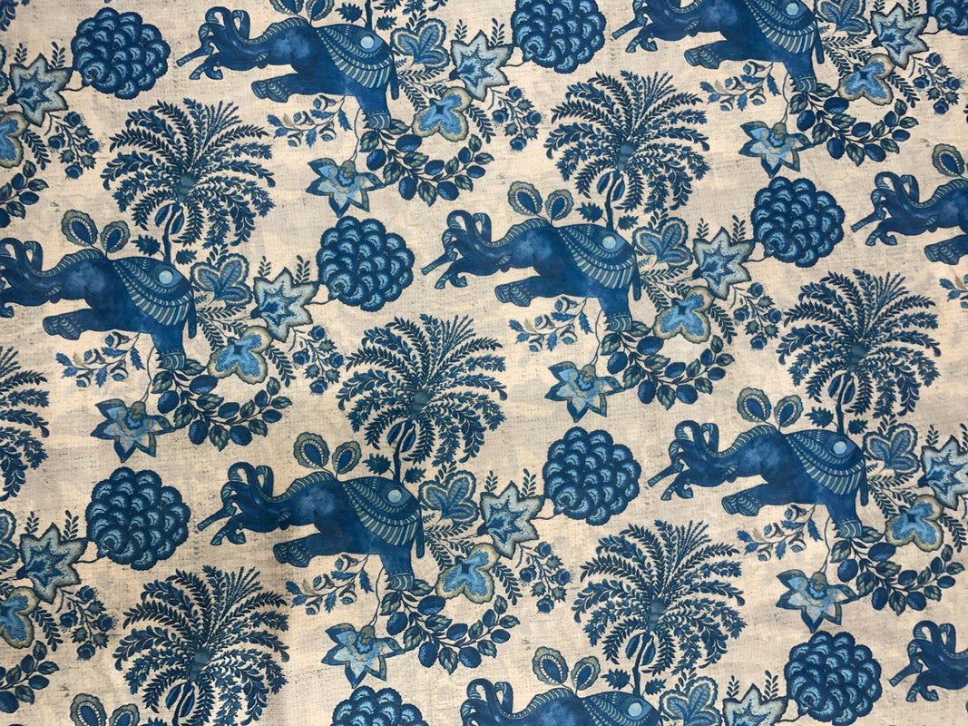 Off White Blue Elephant Pure Chanderi Fabric