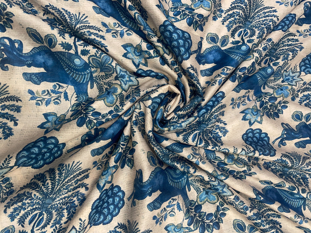 Off White Blue Elephant Pure Chanderi Fabric