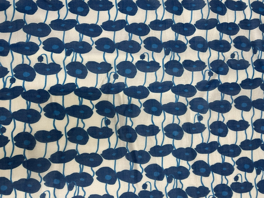 White Blue Abstract Pure Chanderi Fabric