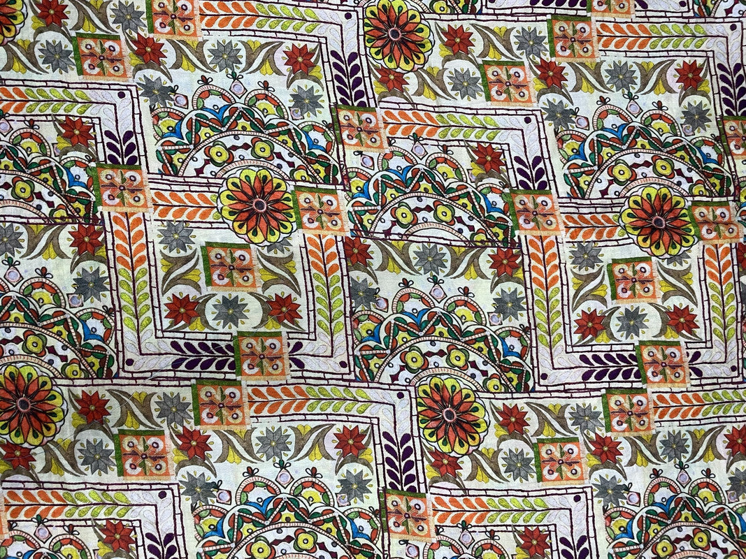 Off White Multicolor Geometric Chanderi Fabric