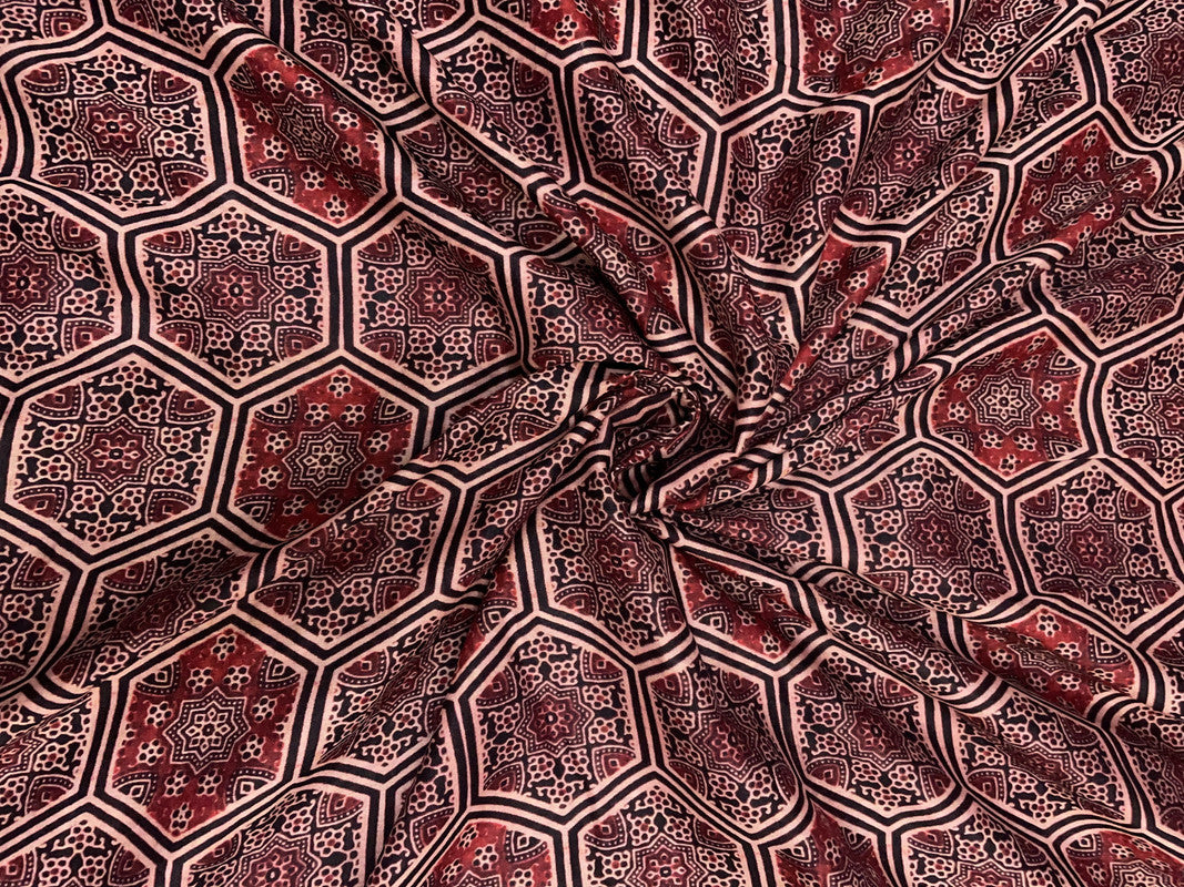 Maroon Black Geometric Pure Chanderi Fabric