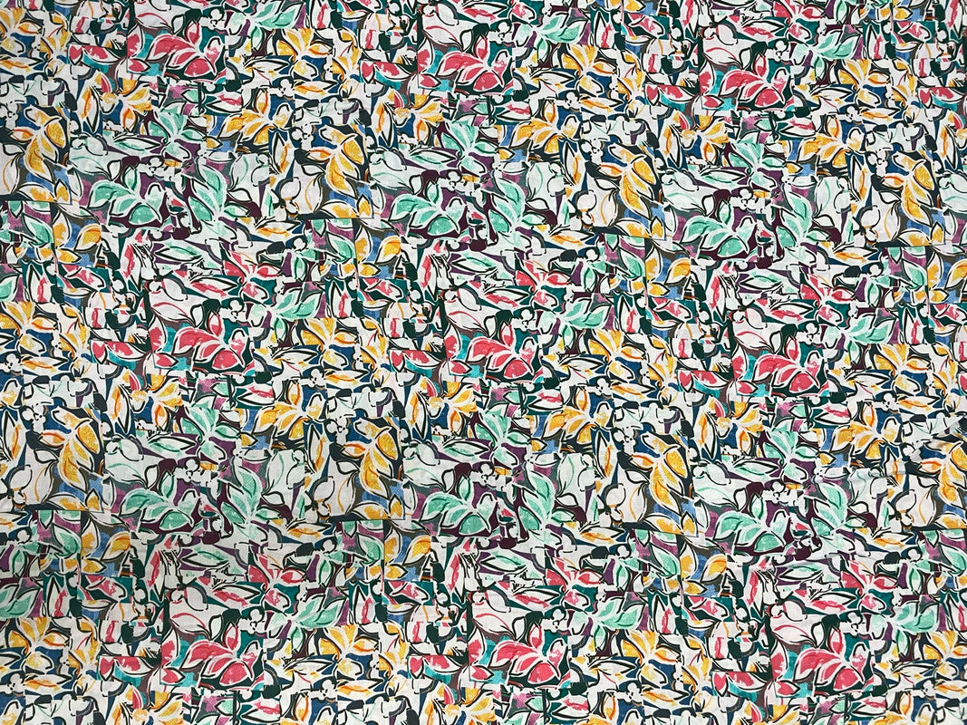 White Multicolor Leaves Rayon Print Fabric