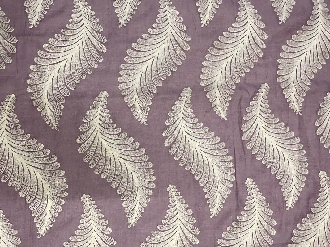 Dark Lilac White Leaves Chanderi Mul Embroidery Fabric