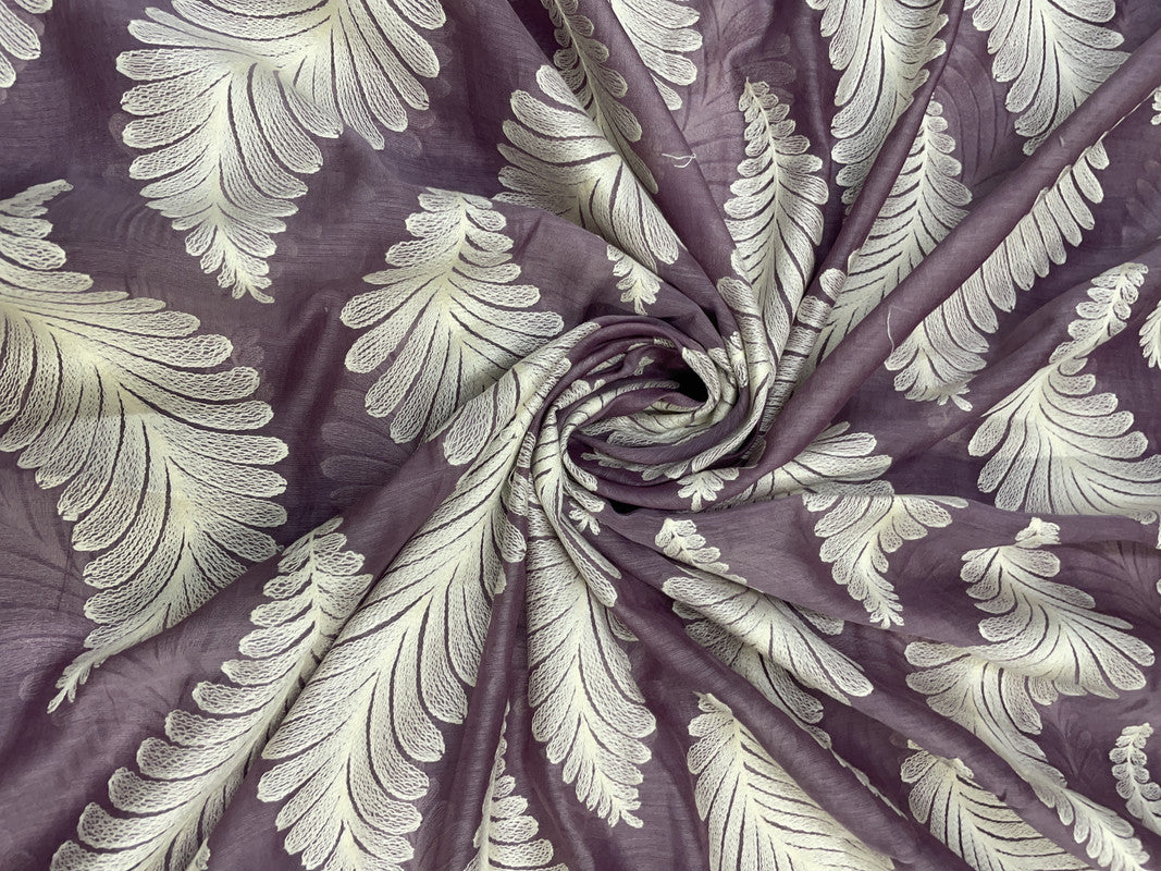 Dark Lilac White Leaves Chanderi Mul Embroidery Fabric