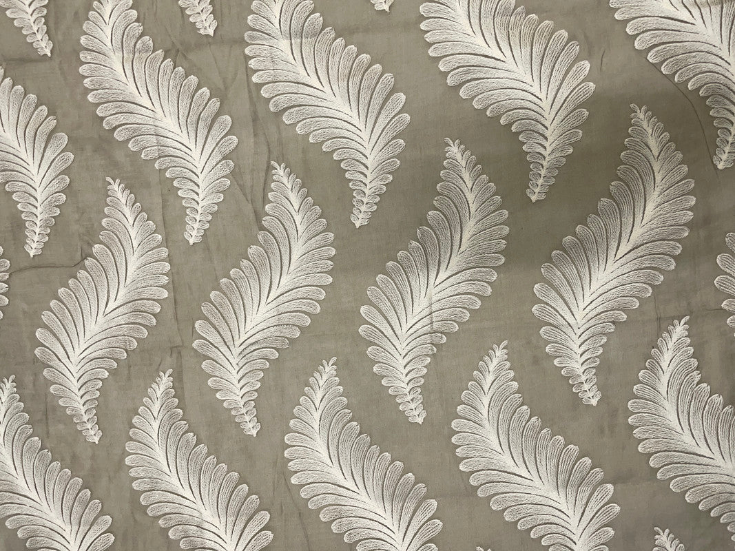 Olive Grey White Leaves Chanderi Mul Embroidery Fabric